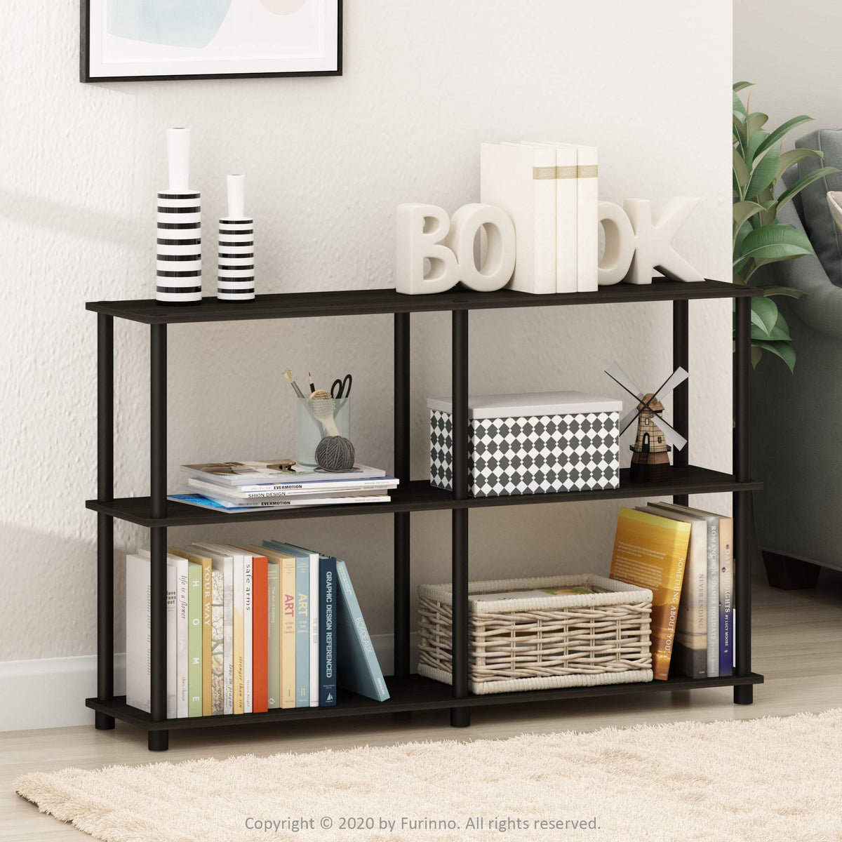 Furinno Turn-N-Tube 3-Tier Double Size Storage Display Rack, Espresso/Black, Plastic Pole 2 x 2
