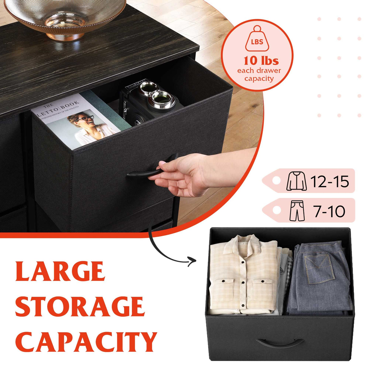 Wlive 10-Drawer Dresser, Fabric Storage Tower For Bedroom, Hallway, Nursery, Closets, Tall Chest Organizer Unit With Textured Print Fabric Bins, Steel Frame, Wood Top, Easy Pull Handle, Charcoal Black