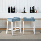 Morovo Set Of 2 Velvet Counter Height Stools With Tufted Saddle Seats, White-Wash Finish, Blue