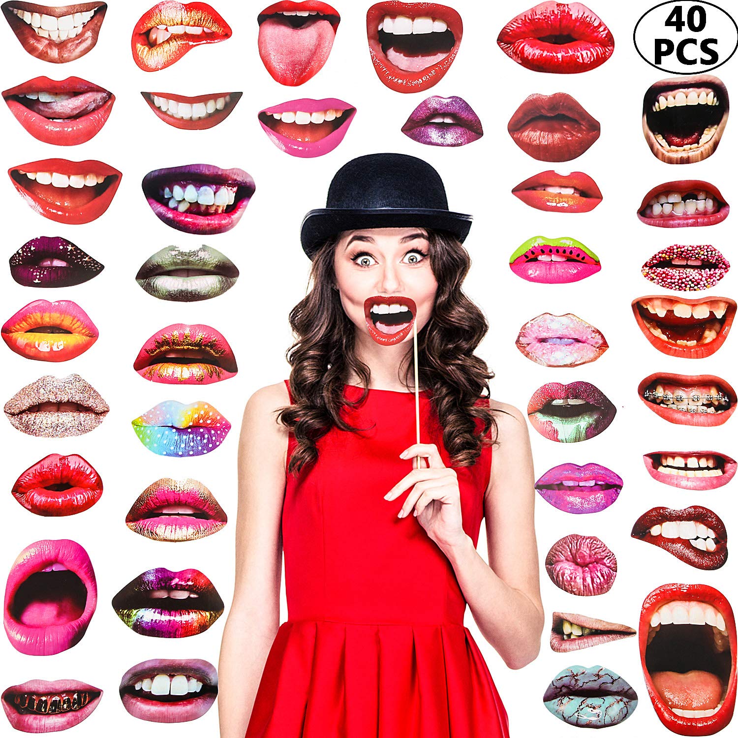 Party Photo Booth Props, Funny Mouth Lips Photo Booth Prop, Funny Mouth DIY Set with Wood Stick Selfie Props Accessories for Bir
