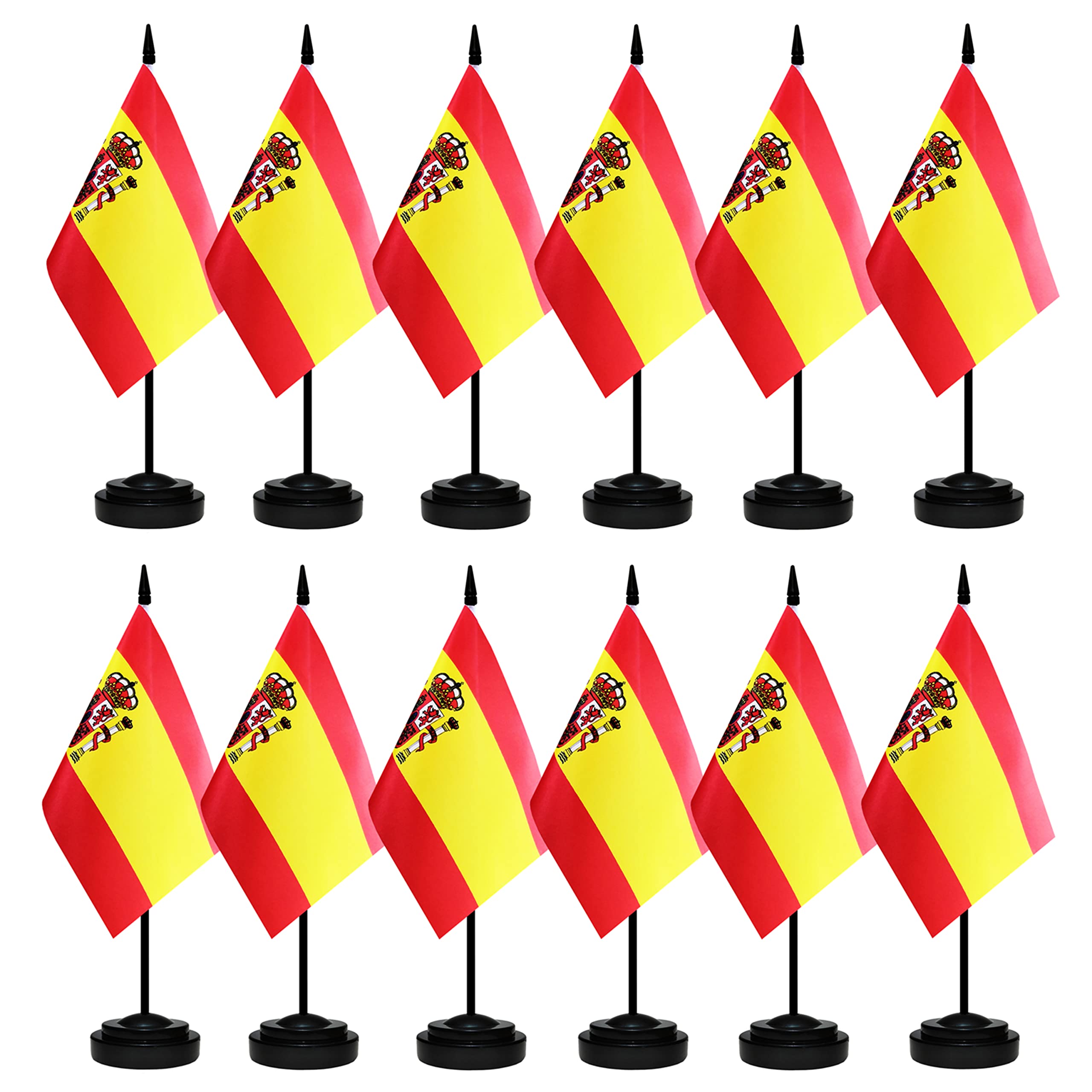 12 Pack Spain Desk Flags Set, Spanish Small Mini Table Office Flags With 12' Solid Black Pole, Black Base And Spear Top, Miniat