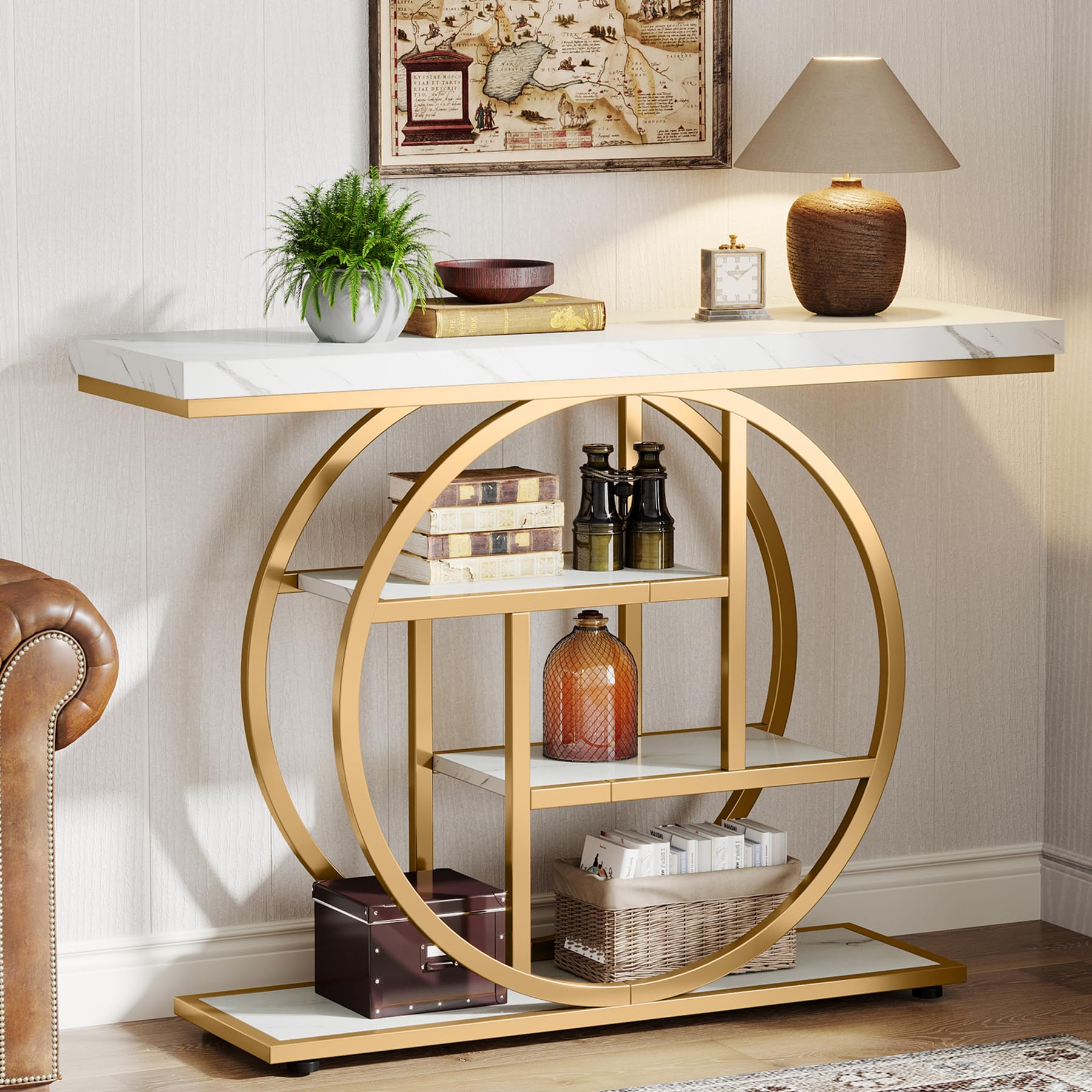 Tribesigns 41.3 Console Table, Industrial 4-Tier Sofa Table Entryway Table with Circle Base, Narrow Wood Accent Tables with Stor