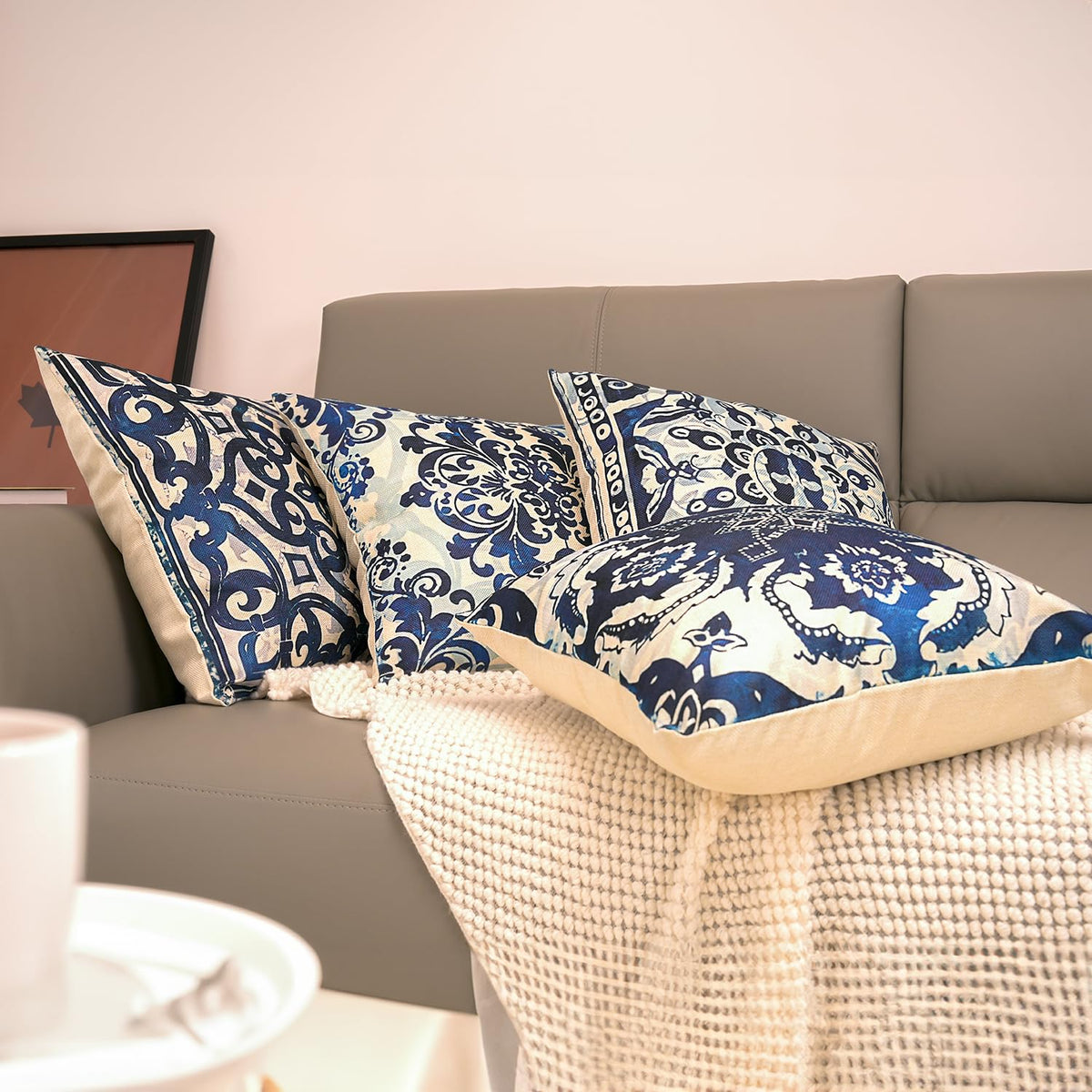 M-Qizi Blue Throw Pillow Covers - Linen Blue Pillow Covers 18X18 Set Of 4, Decorative Blue And White Pillow Covers, Chinoiserie