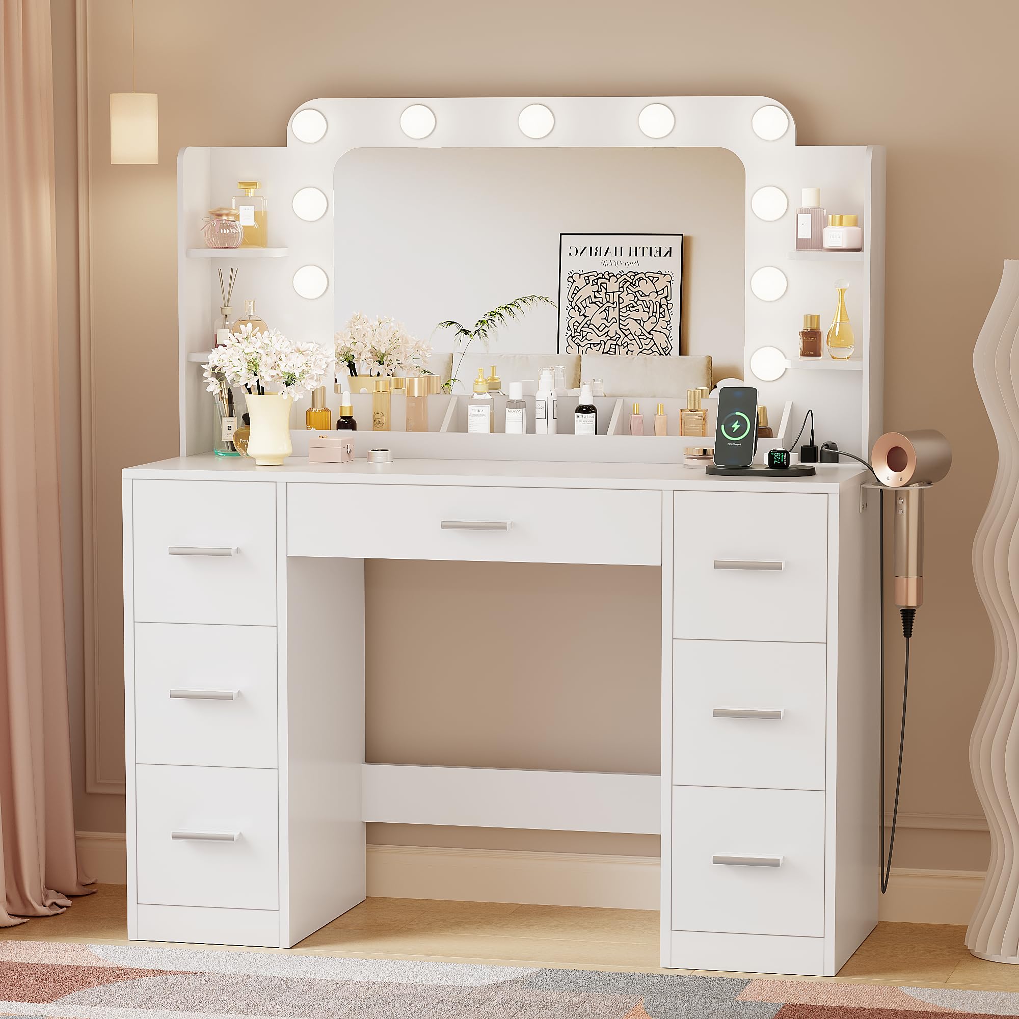 YESHOMY Vanity Desk with Large Lighted Mirror, Power Outlet and 11 Lights, Makeup Table with 7 Drawers and 3 Desktup Storage Uni