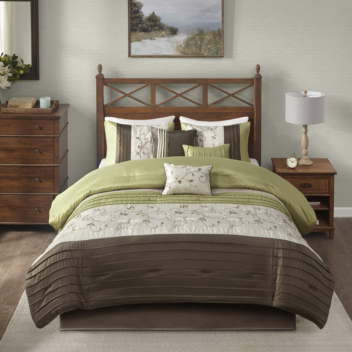 Madison Park Serene Faux Silk Comforter Set - Floral Embroidery Design, All Season Bedding Set, Matching Bed Skirt, Decorative Pillows, Green King(104'X92') 7 Piece