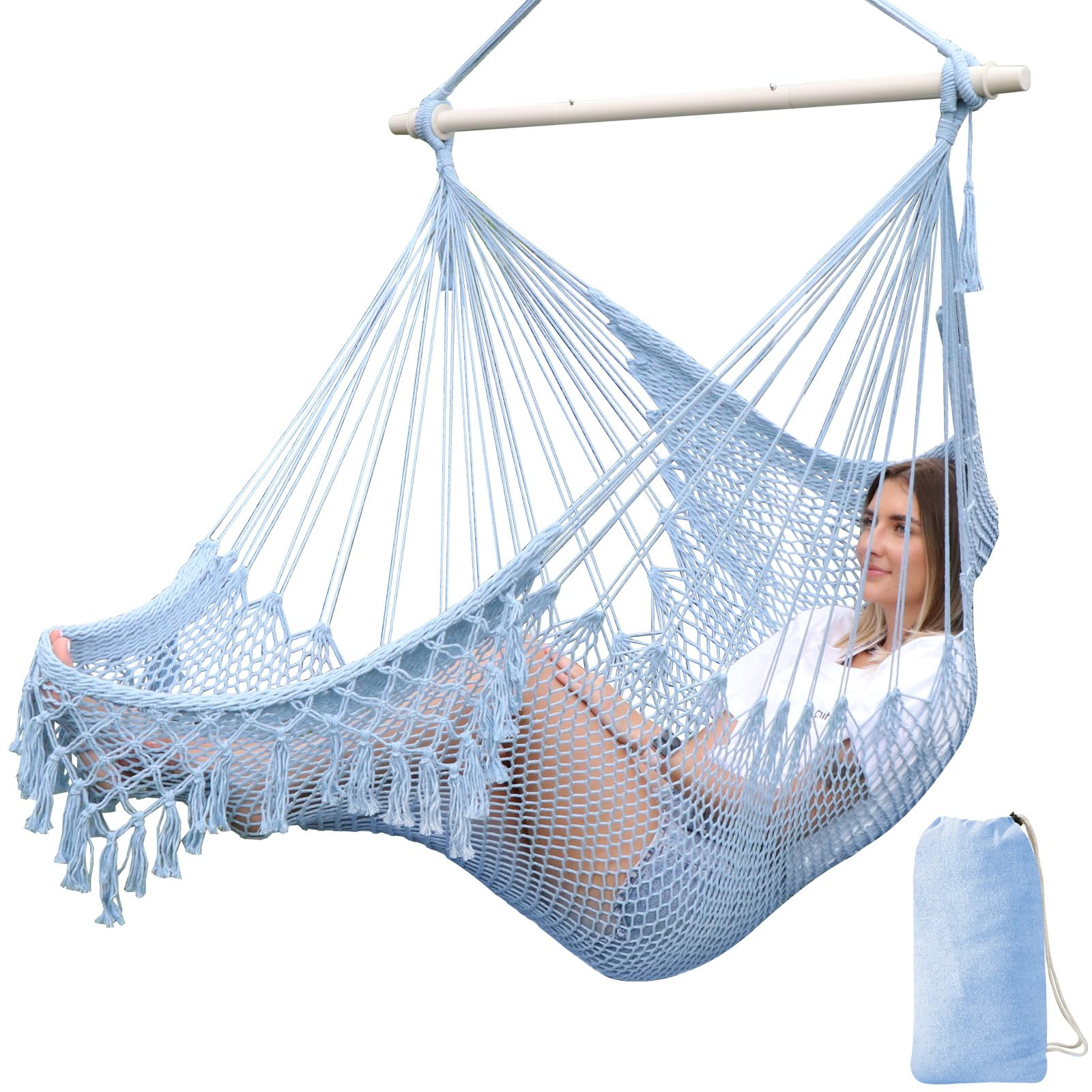 Chihee Hammock Chair Super Large Soft-Spun Cotton Rope Weaving Hanging Chair, Collapsible Strong Metal Spreader Bar Wide Seat La