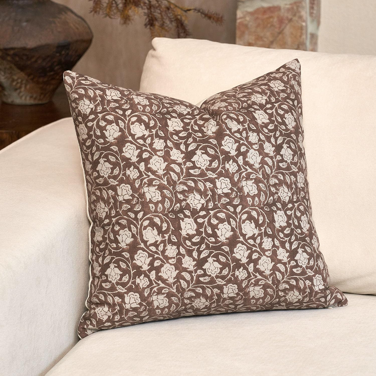 Domvitus Floral Pillow Covers, 24X24 Pillow Covers, Throw Pillows For Couch, Block Print Pillow Cover, Decorative Neutral Accent