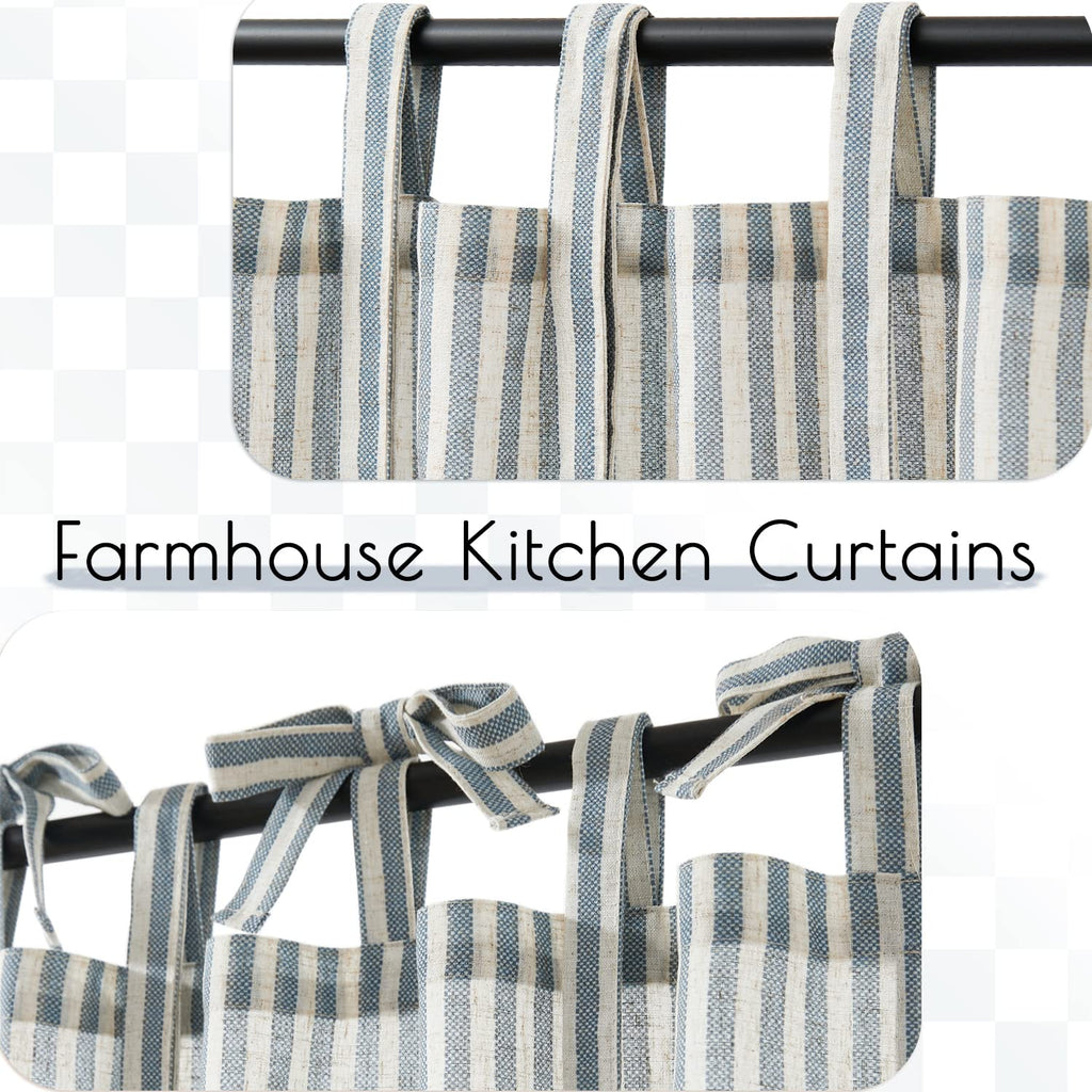 Jinchan Kitchen Curtains 36 Inch Length Striped Tie Top Linen Tier Curtains Short Curtains For Living Room Bedroom Bathroom Farmhouse Light Filtering Rod Pocket Cafe Curtains 2 Panels Blue On Beige