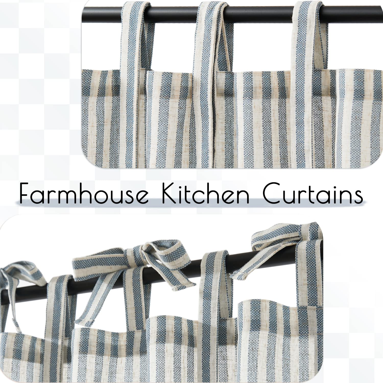 Jinchan Kitchen Curtains 36 Inch Length Striped Tie Top Linen Tier Curtains Short Curtains For Living Room Bedroom Bathroom Farmhouse Light Filtering Rod Pocket Cafe Curtains 2 Panels Blue On Beige