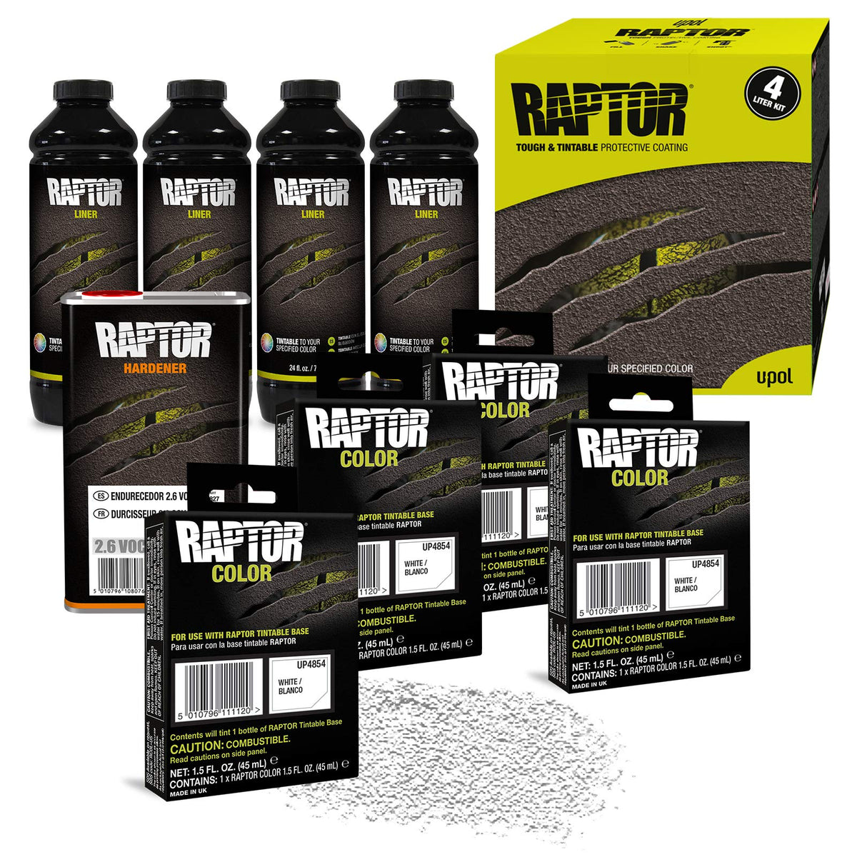 Raptor Up5054 White Urethane Spray-On Truck Bed Liner 1Us Gallon + 4 Colors Bundle