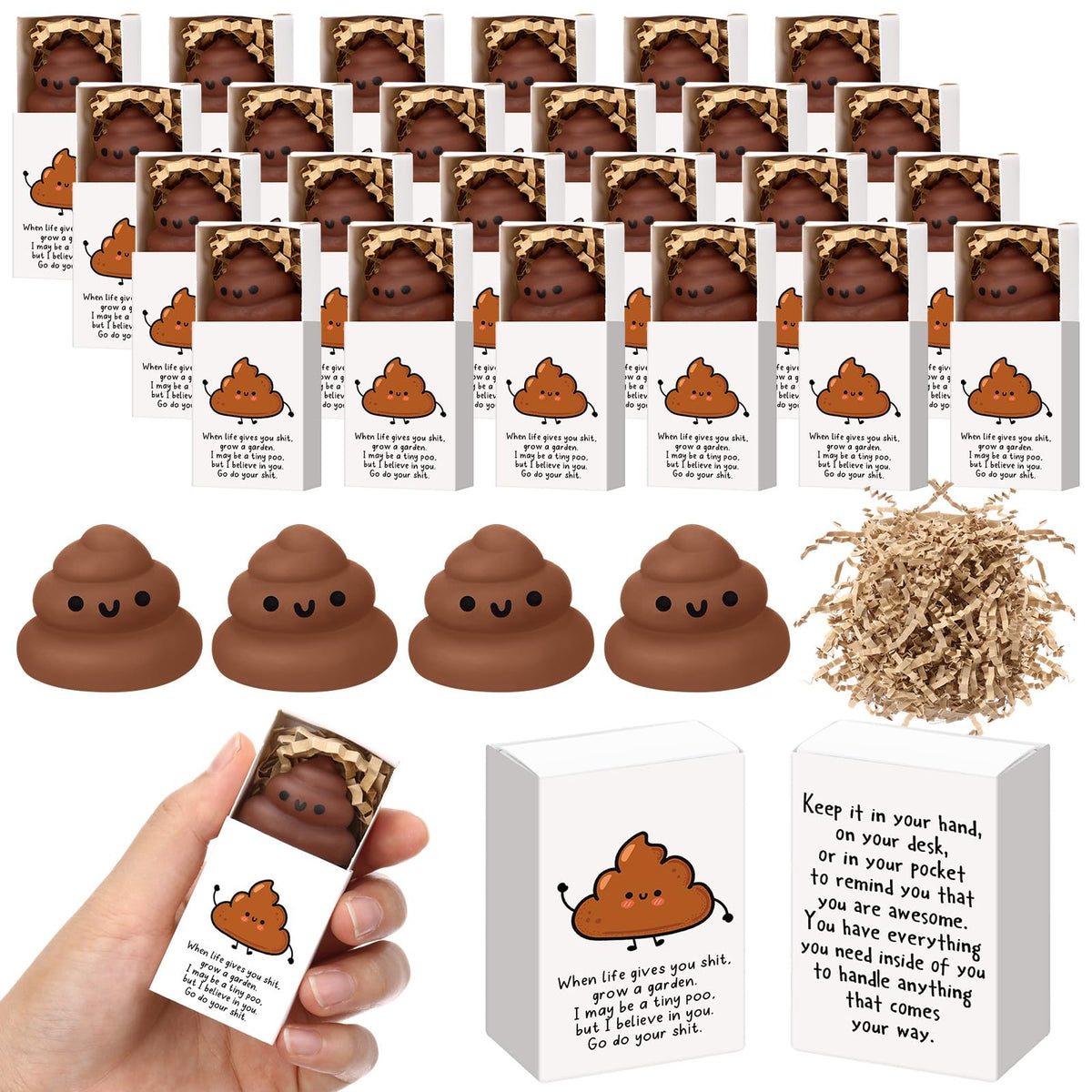Wettarn 24 Sets Poo Gifts Positive Cute Stress Balls with Support Gift Boxes Funny Bulk Party Favors for Employee Coworker Frien