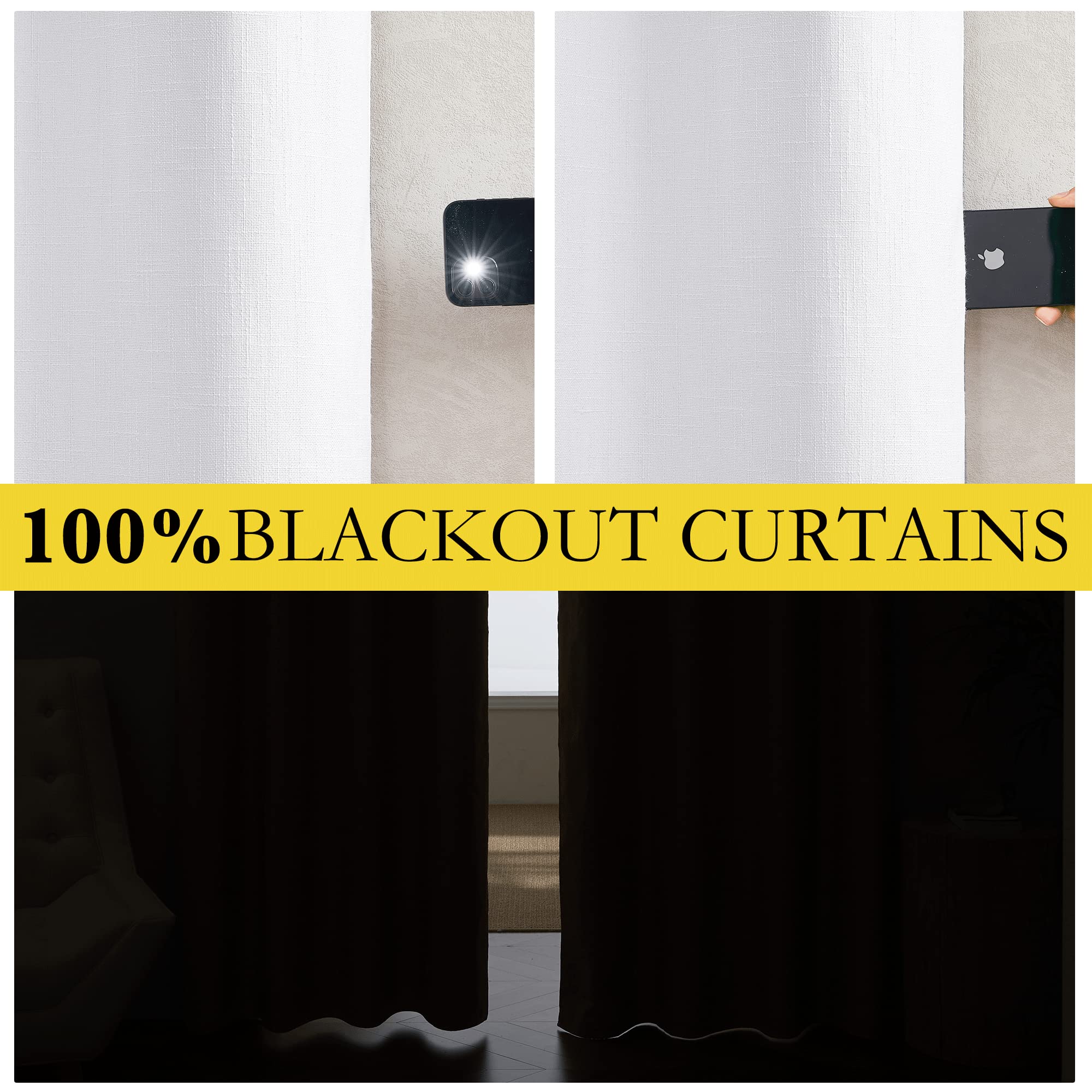 Nicetown 100% Absolutely Blackout Linen Curtains With Thermal Insulated White Liner, White, 42 Inches Wide, 84 Inches Length Energy Saving Curtains For Living Room 2 Panels Set, Vertical Blinds