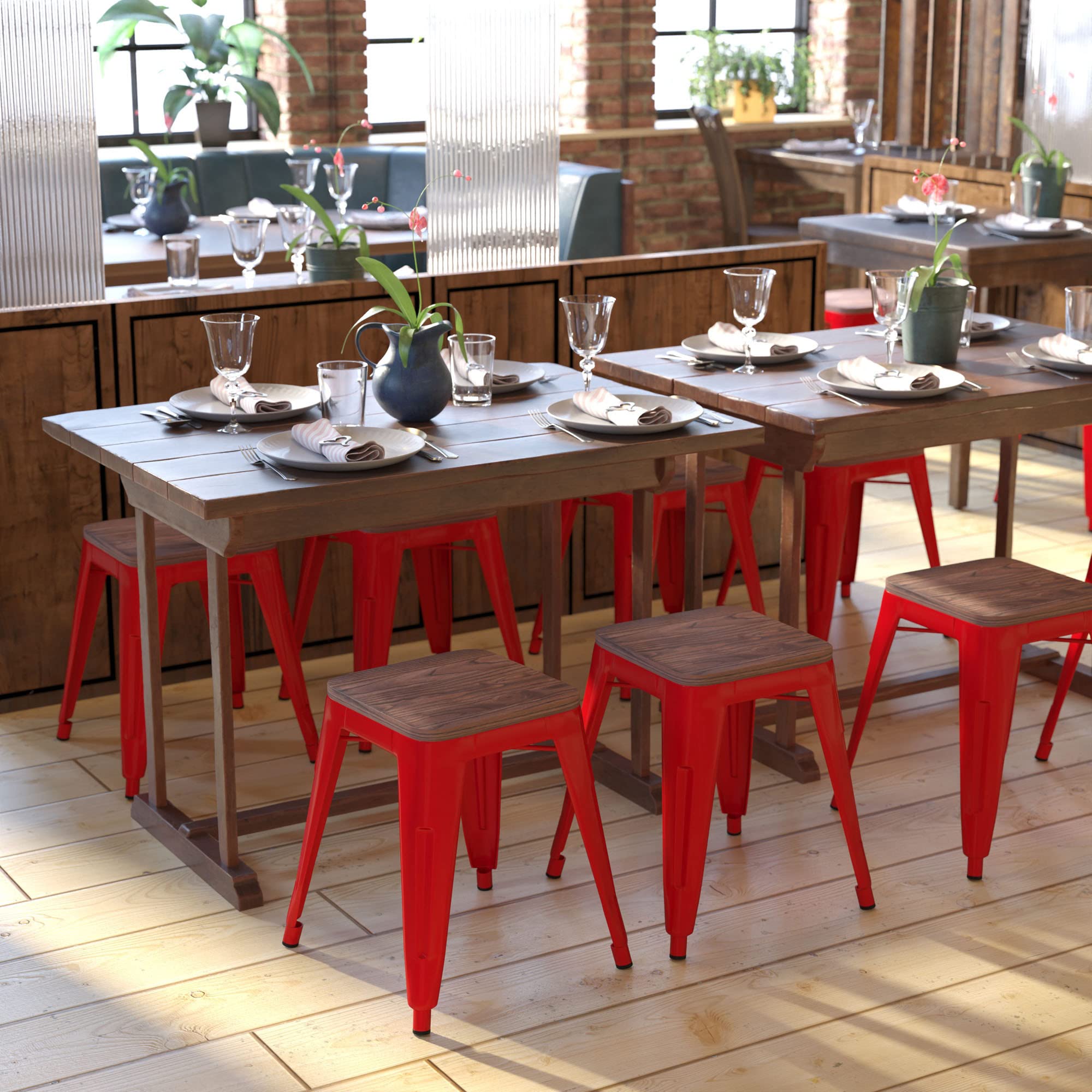 Flash Furniture Metal Dining Table Height Stool with Wooden Seat Set of 4 - Backless Red Kai Commercial Grade Stool - Kai 18" Stackable Dining Chairs