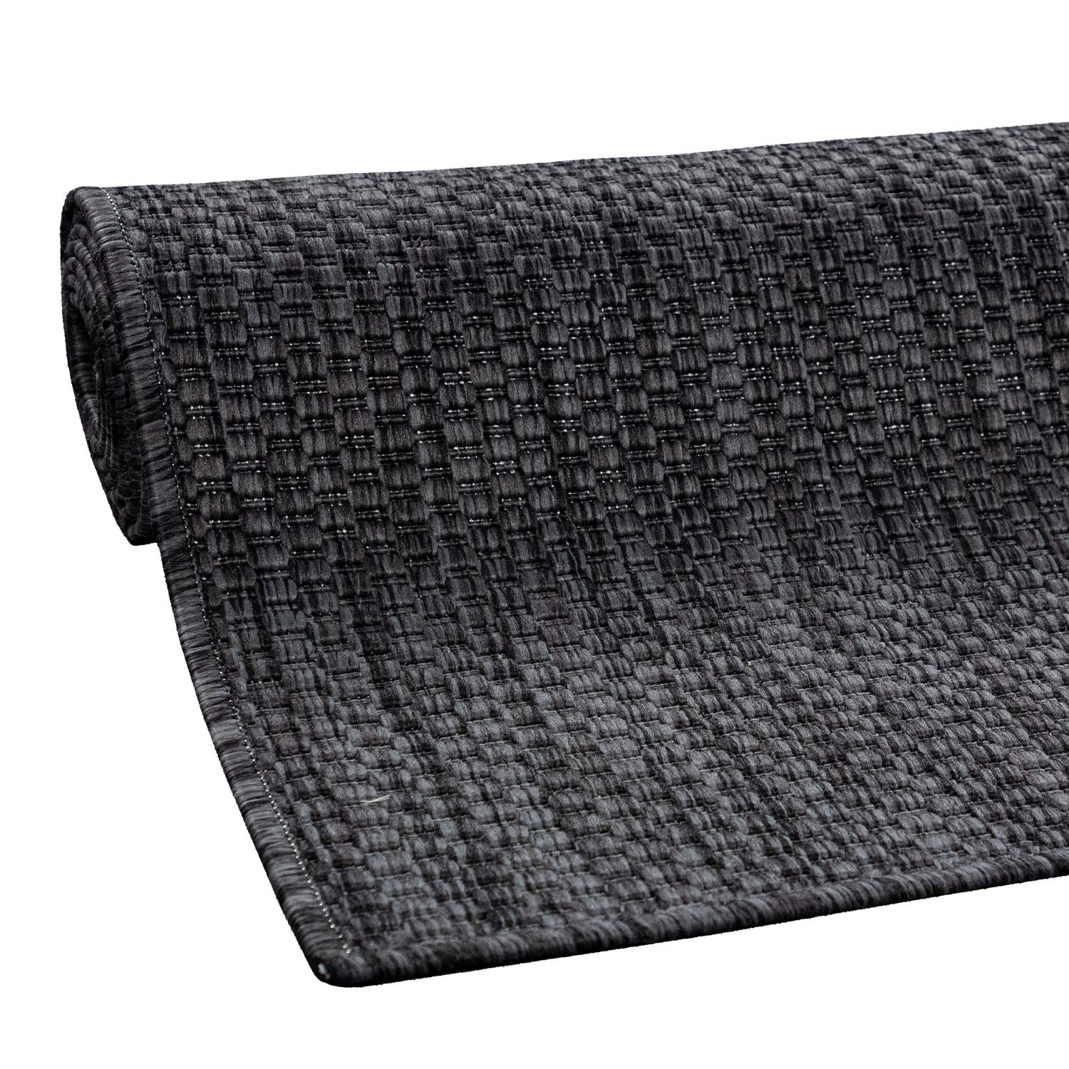 Solid Outdoor Rug For Patio Or Balcony Weatherproof In Mottled Anthracite, Size: 5'3' X 7'3'