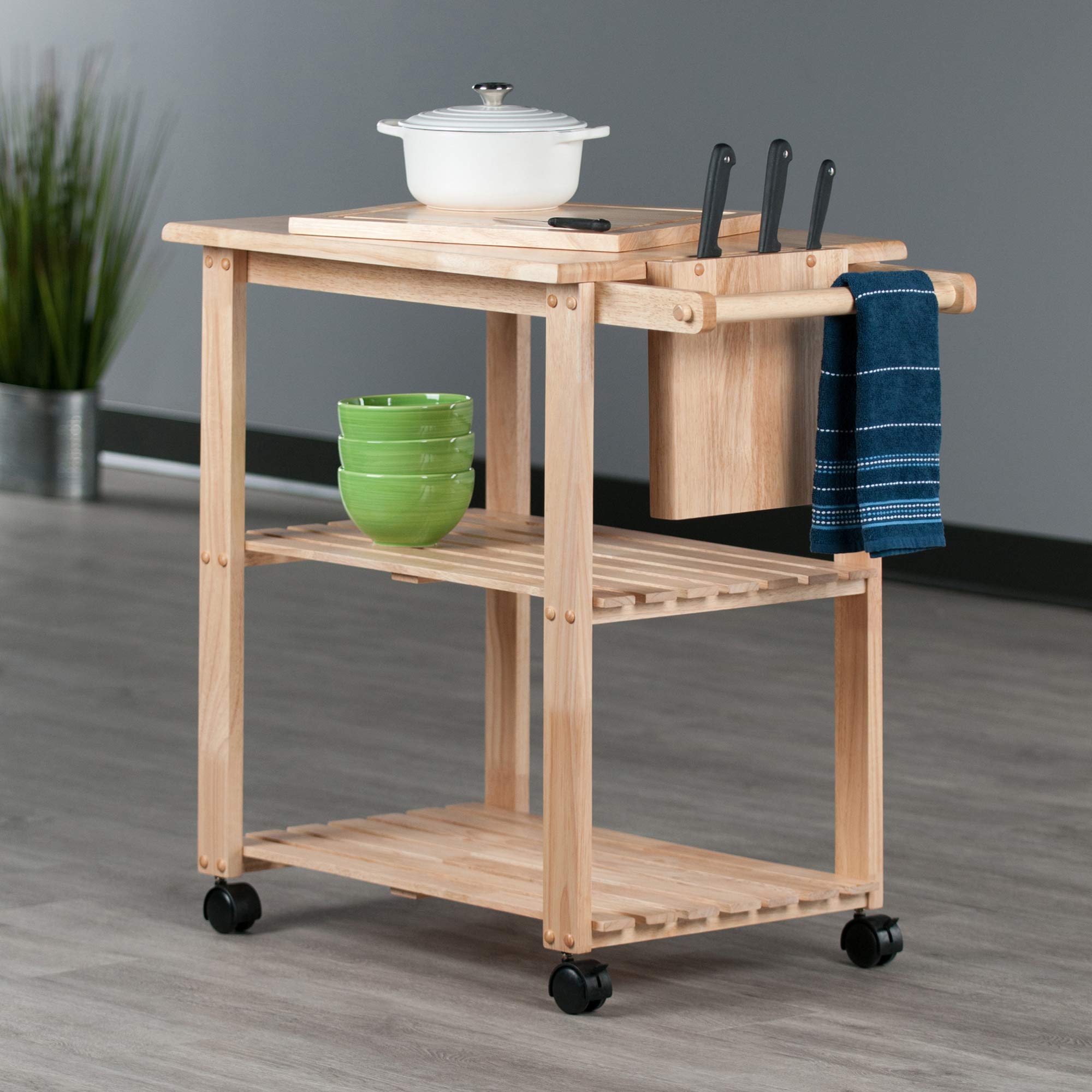 Winsome Mario 89933 Wood Kitchen Cart Natural Rolling Utility Cart with Cutting Board and Knife Holder