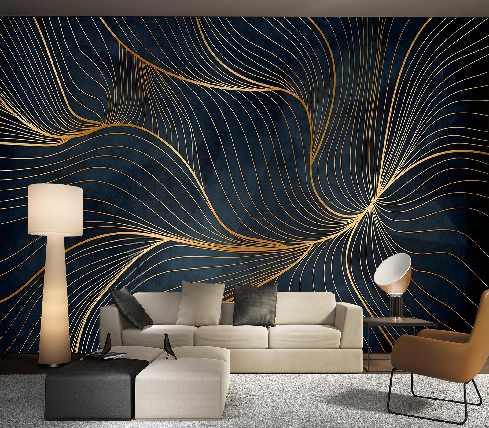 Eierme-Golden Abstract line Pattern Waves Mural Wallpaper Peel and Stick 137 x 102