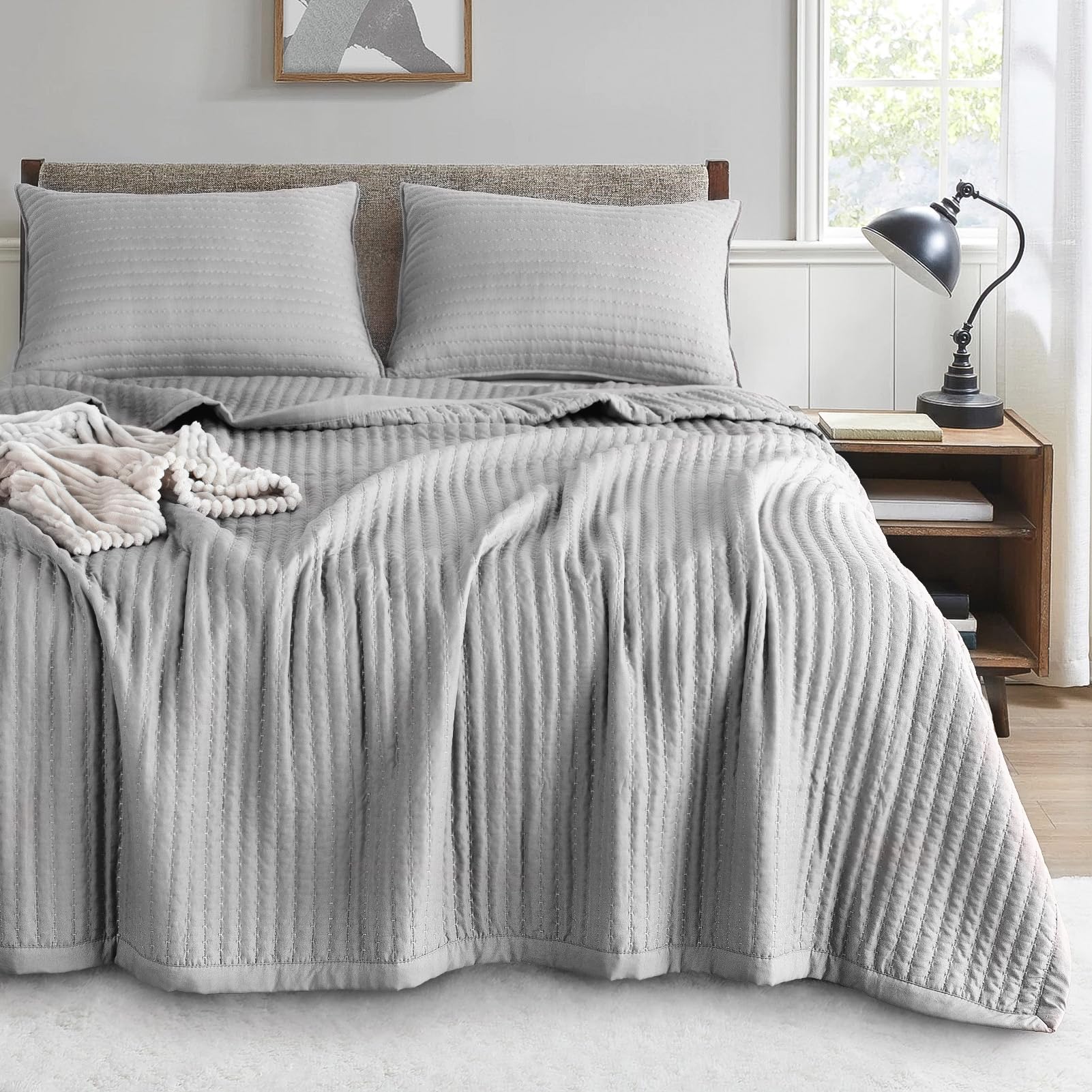 Kasentex Gull Grey Queen Size Quilt Bedding Sets With Pillow-Shams, Lightweight Soft Bedspread, Durable Quilted Blanket Thin Com