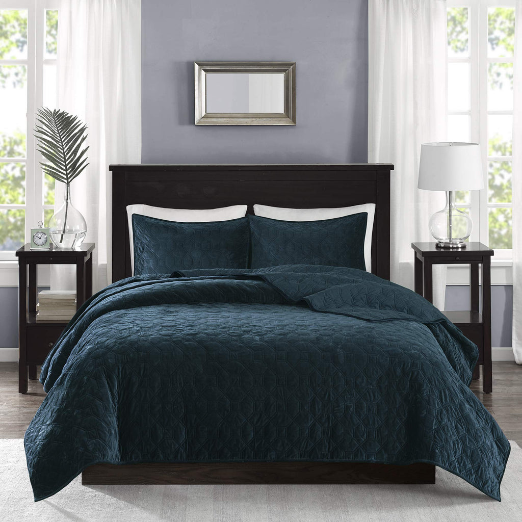 Madison Park Harper Quilt Set Velvet Casual Geometric Stitching Design All Season, Lightweight Coverlet, Cozy Bedding, Matching Shams, King/Cal King(104'X94'), Teal 3 Piece