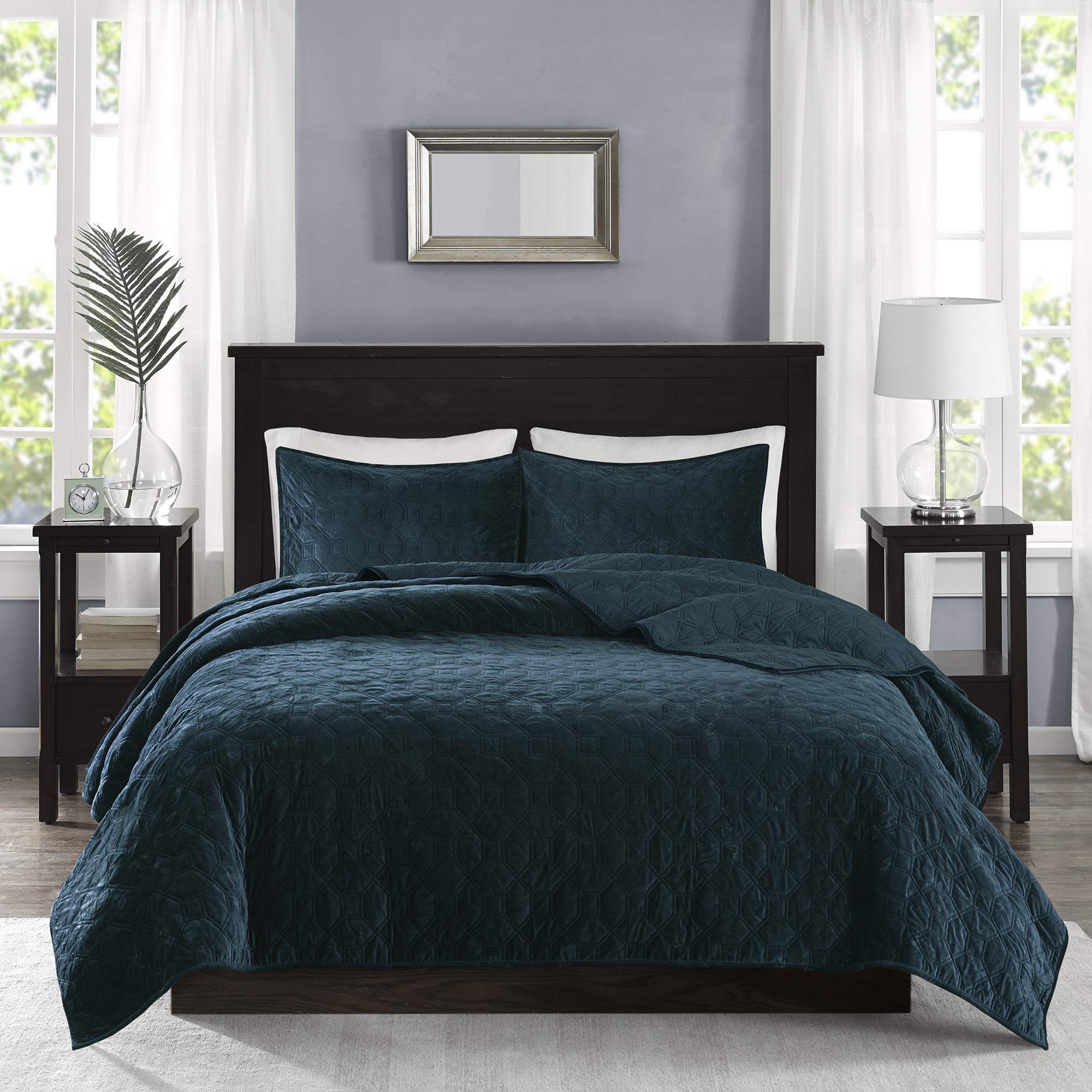 Madison Park Harper Quilt Set Velvet Casual Geometric Stitching Design All Season, Lightweight Coverlet, Cozy Bedding, Matching Shams, King/Cal King(104'X94'), Teal 3 Piece