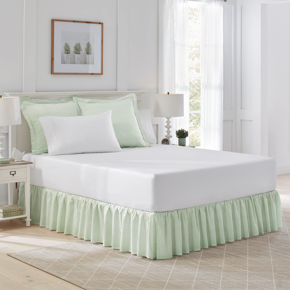 Laura Ashley Home - Cotton Ruffled Bedskirt, Lightweight & Classic Style (Ticking Stripe Green, King)