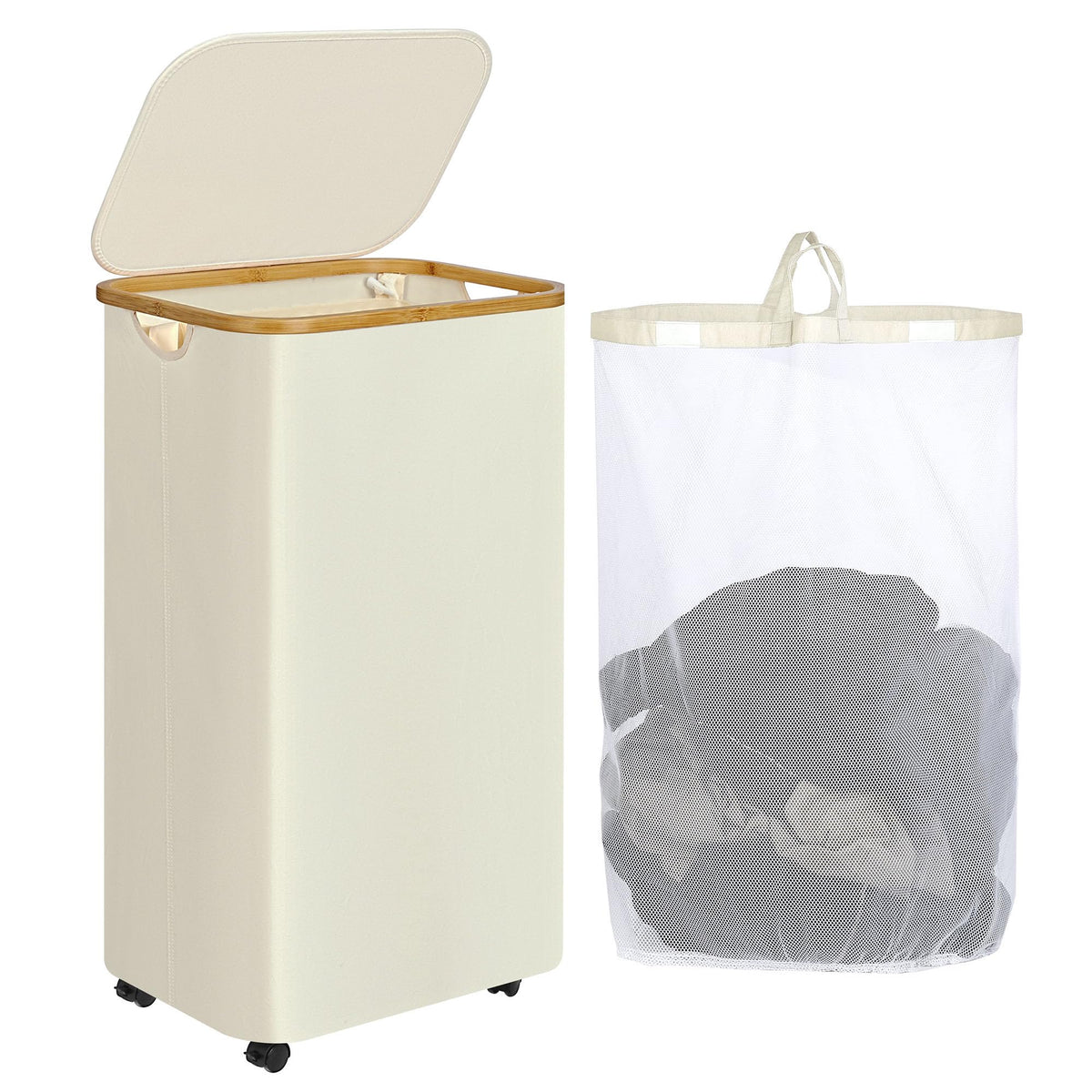 iEGrow Laundry Basket with Wheels, 110L Beige Clothes Hamper for Laundry, Laundry Hamper with Lid and Inner Bag, for Laundry Roo