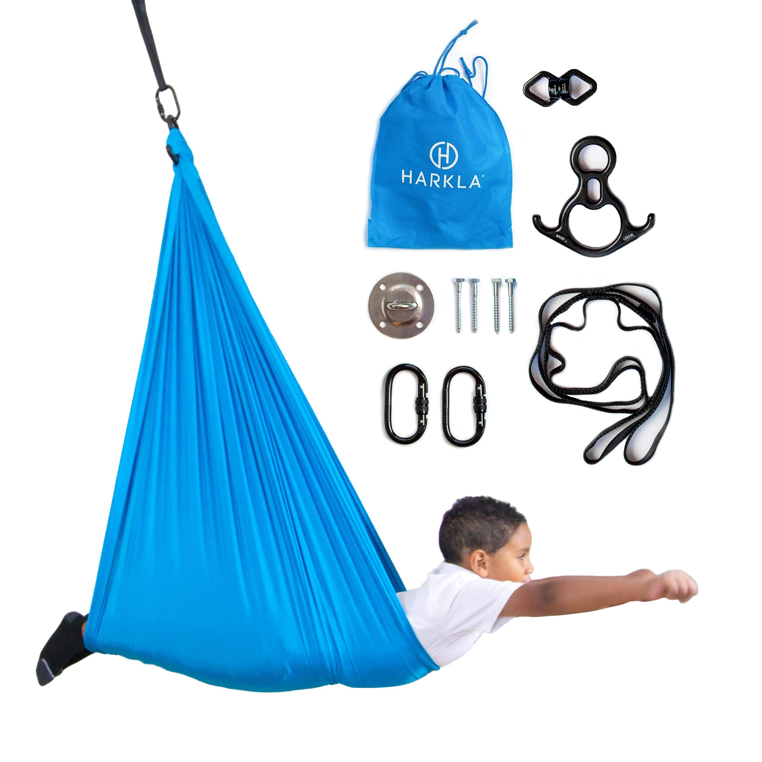 Harkla Indoor Therapy Swing For Kids & Swivel Swing Hardware Combo - Comes With Rock Climbing Rated Hardware And Soft Nylon Fabr