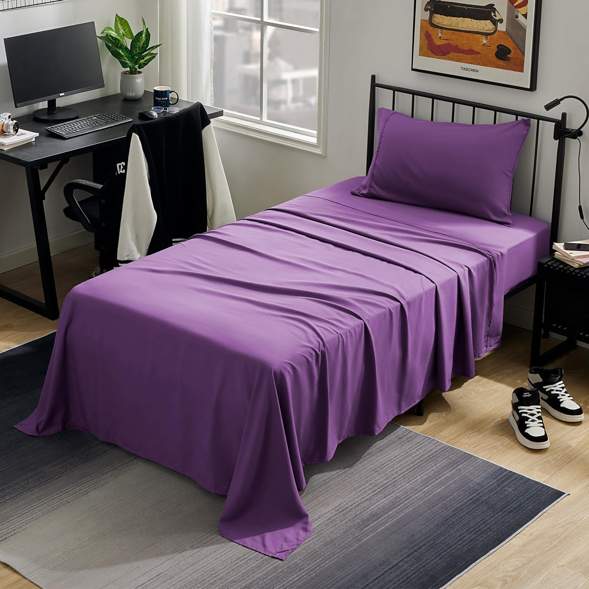 Sleep Zone Nanotex Super Soft Cooling Twin Bed Sheets Set For Kids 3 Piece - Easy Care Fitted Flat Sheet & Pillowcase Sets - Wrinkle Free, Fade Resistant, Deep Pocket 16' (Purple, Twin)