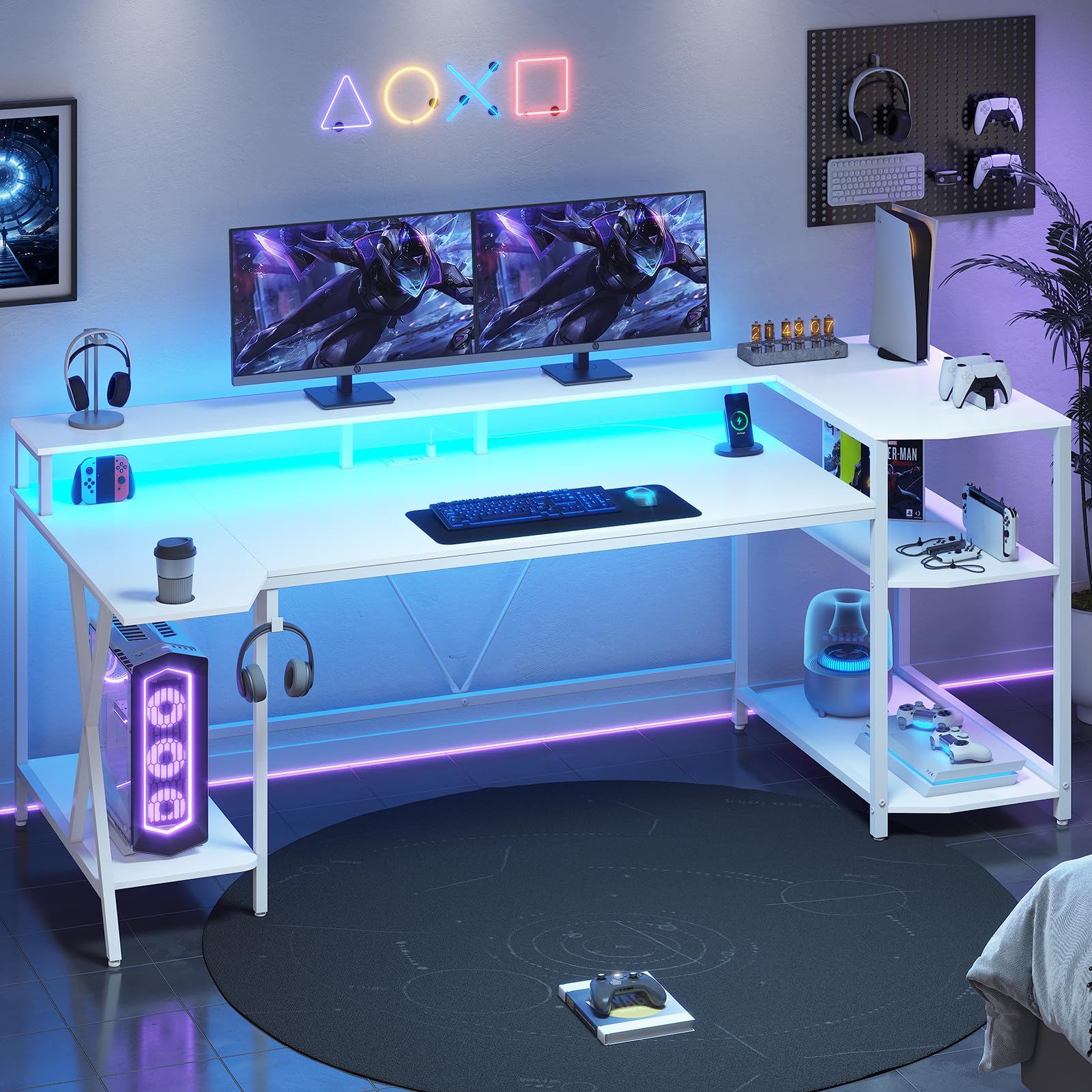 Sedeta White Gaming Desk 70.8'' With Led Lights And Storage Shelves, Computer Desk With Monitor Stand, Power Outlets And Cup Holder, Large Pc Gamer Desk, Gaming Table For Bedroom, Living Room
