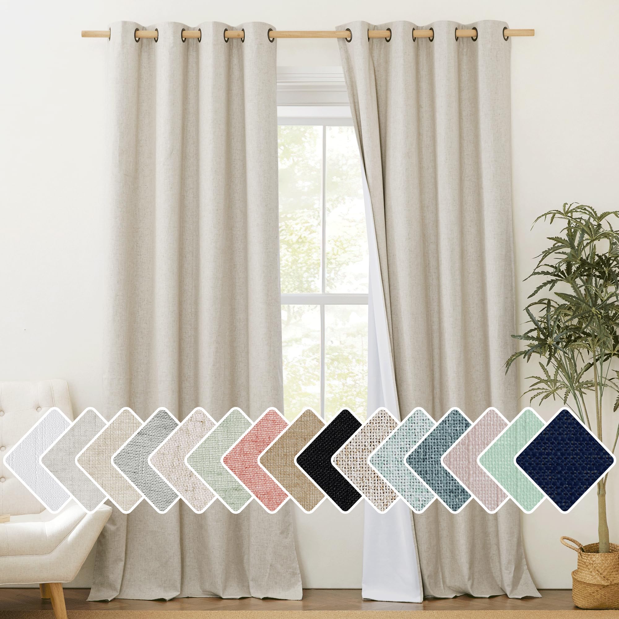 Nicetown 100% Blackout Natural Linen Curtains 95 Inches Length For Dining Room, 2 Panels Set, 52' Wide, Farmhouse Style Room Warming Window Draperies With Thermal Insulated Liners For Winter