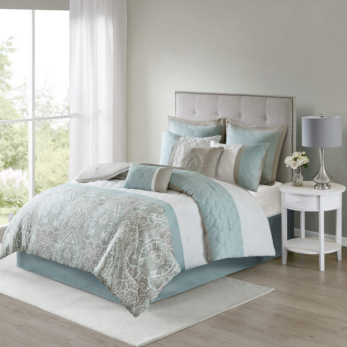 510 Design Luxe Quilted Comforter Set Modern Transitional Design, All Season Down Alternative Warm Bedding Matching Shams, Bedskirt, Decorative Pillow, Cal King, Shawnee Scrollwork Seafoam