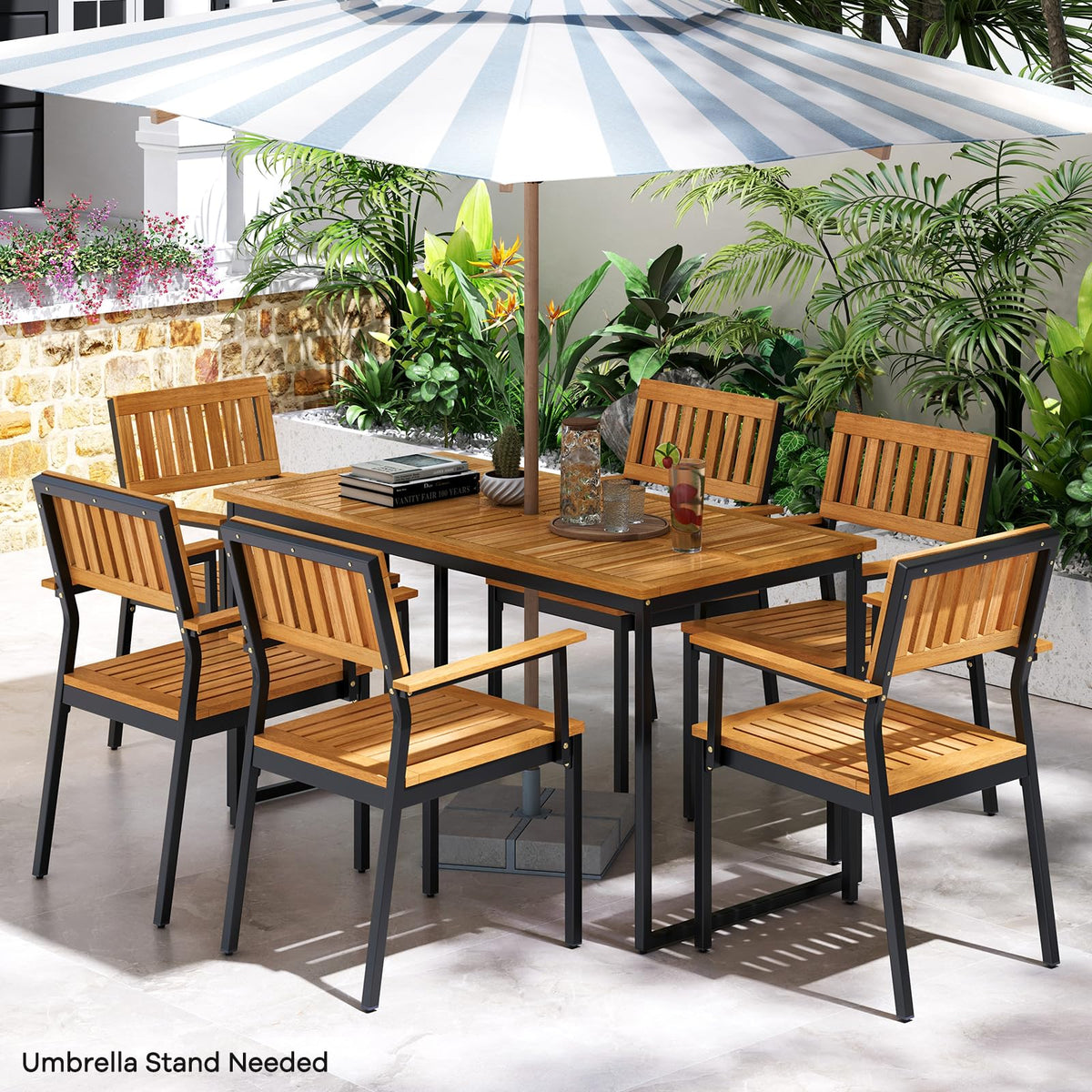 Tangkula 7 Piece Outdoor Dining Set for 6, Acacia Wood Rectangular Dining Table & 6 Armchairs w/Metal Frame, Umbrella Hole, Farm
