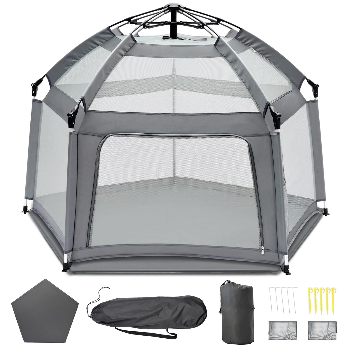 Baby Playpen with Self-Inflating Play Mat & Travel Bag, Portable Outdoor Playpen for Babies and Toddlers, Foldable Pop Up Play T