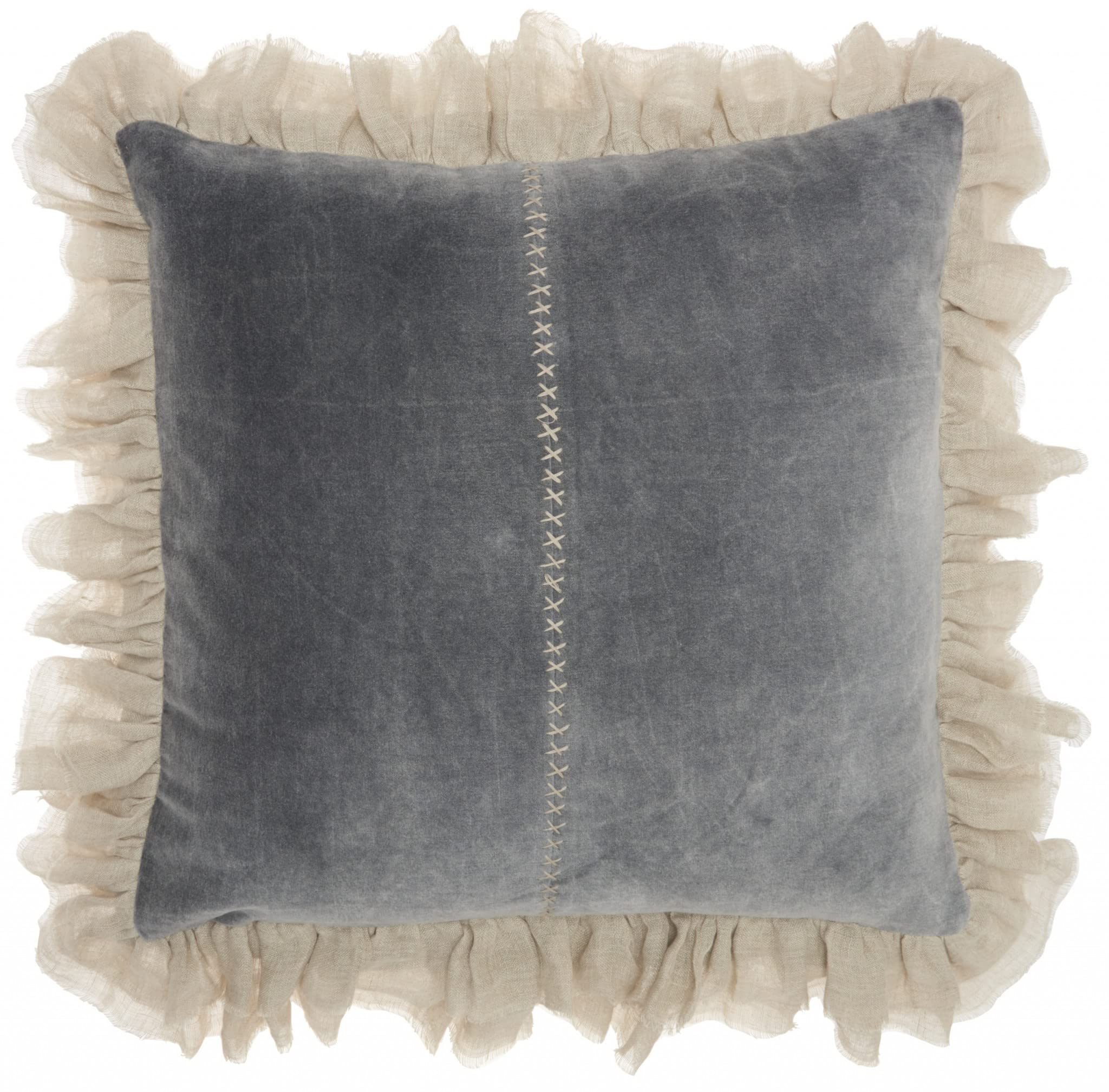 HomeRoots Grey Cotton Wide Tasseled Marble Steel Blue Throw Pillow