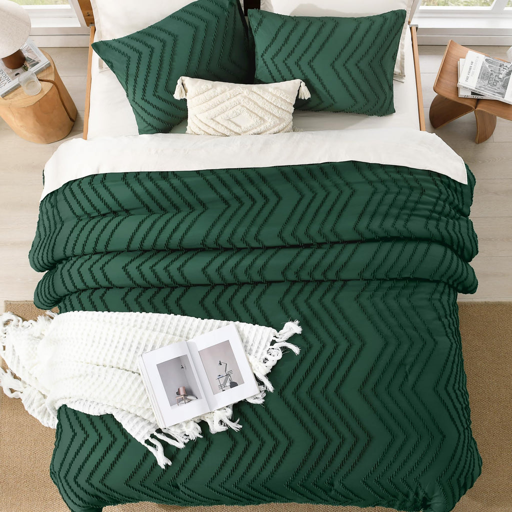 Litanika California King Comforter Set Dark Emerald Green, 3 Pieces Cal King Oversized Chevron Tufted Solid Forest Green Bedding