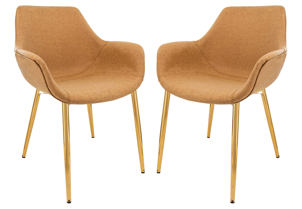 LeisureMod Charcoal Black Leather Dining Armchair Set of 2, Modern Kitchen Chairs with Gold Metal Legs