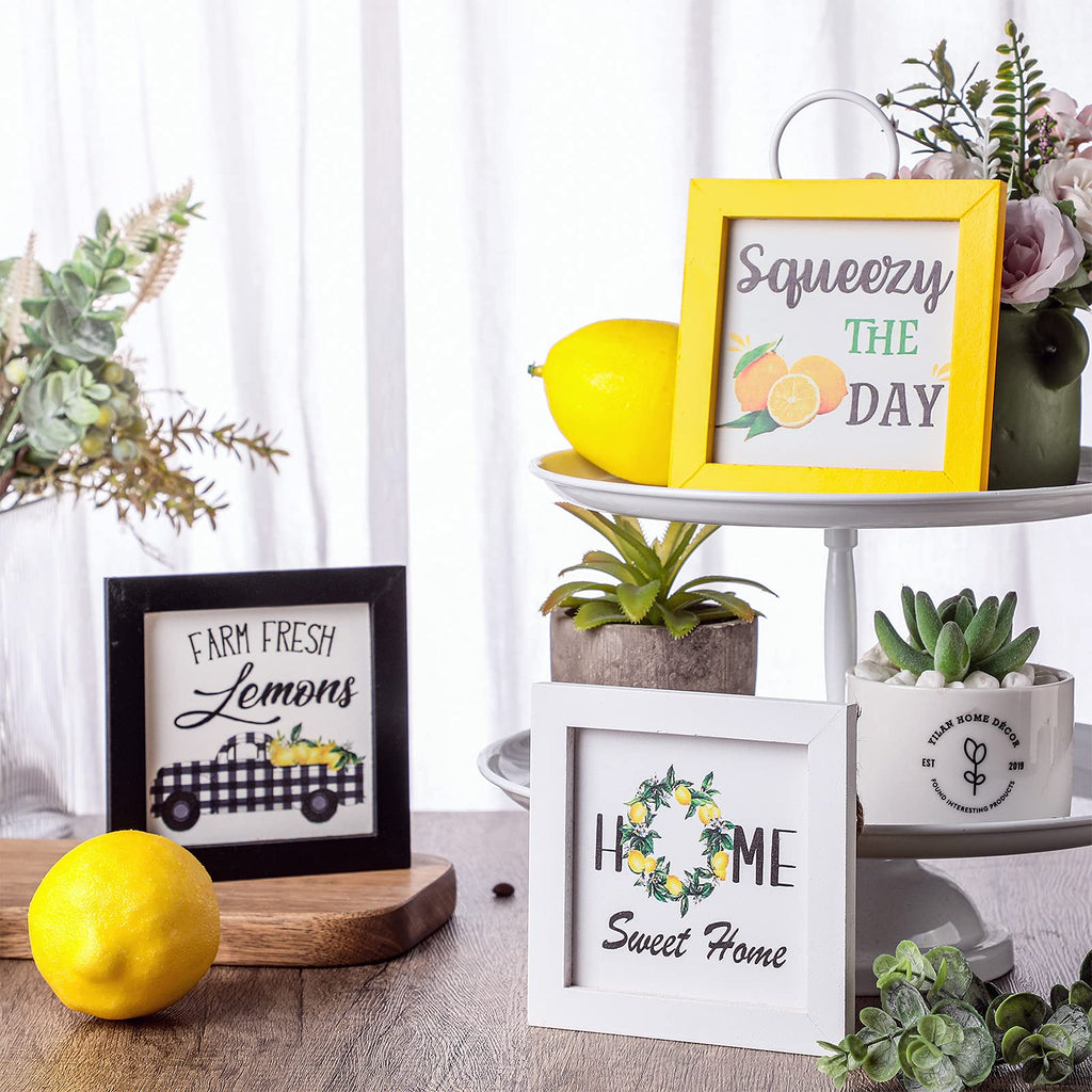 3 Pieces Lemon Framed Wood Sign Lemon Tiered Tray Signs Mini Wooden Sunflower Signs Wood Lemon Shelf Sitter Signs Bee Themed Hom