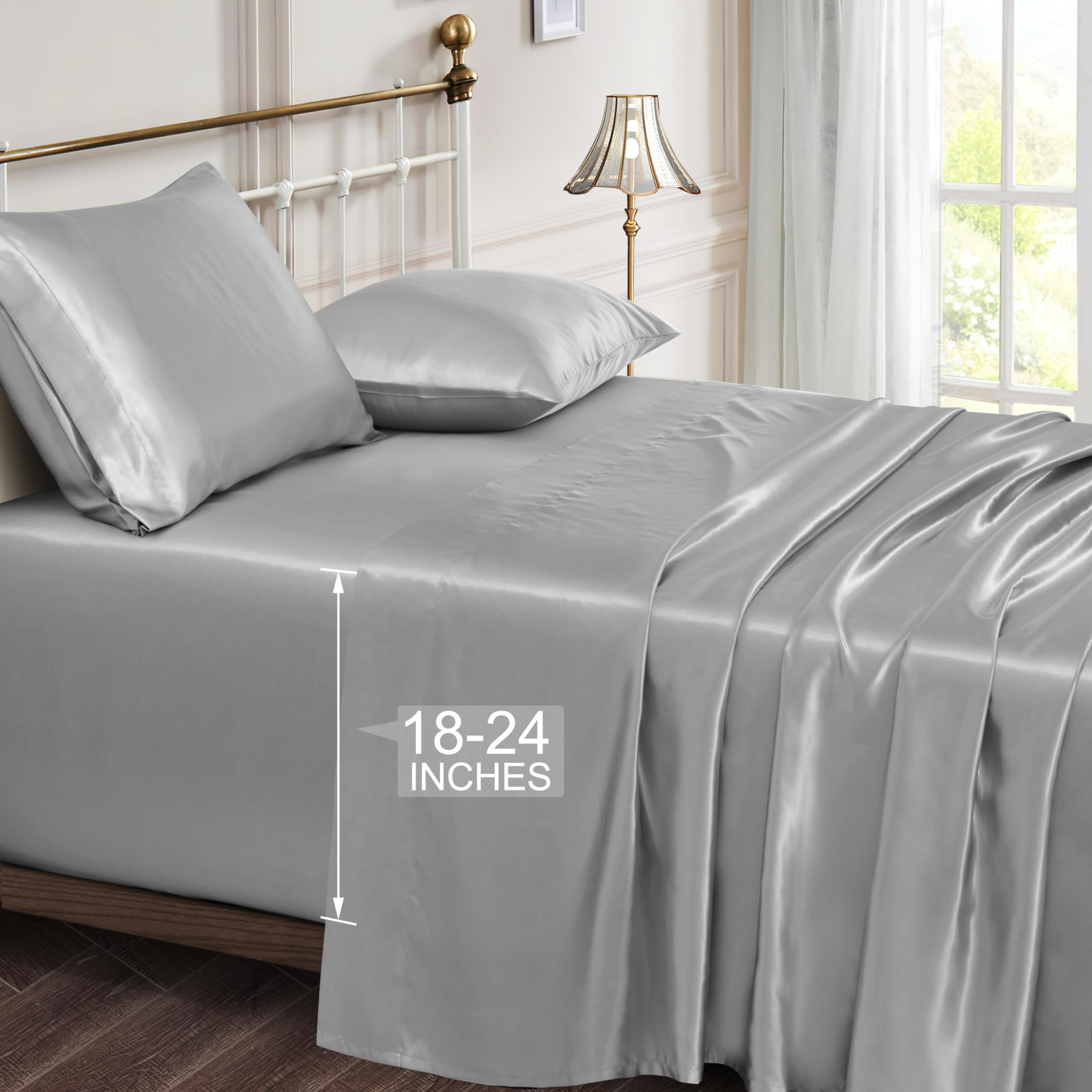 Vonty Satin Sheets Extra Deep Pocket Full Sheet Sets - Cooling & Silky Satin Full Size Sheets With 18-24 Inch Deep Pocket, Silve
