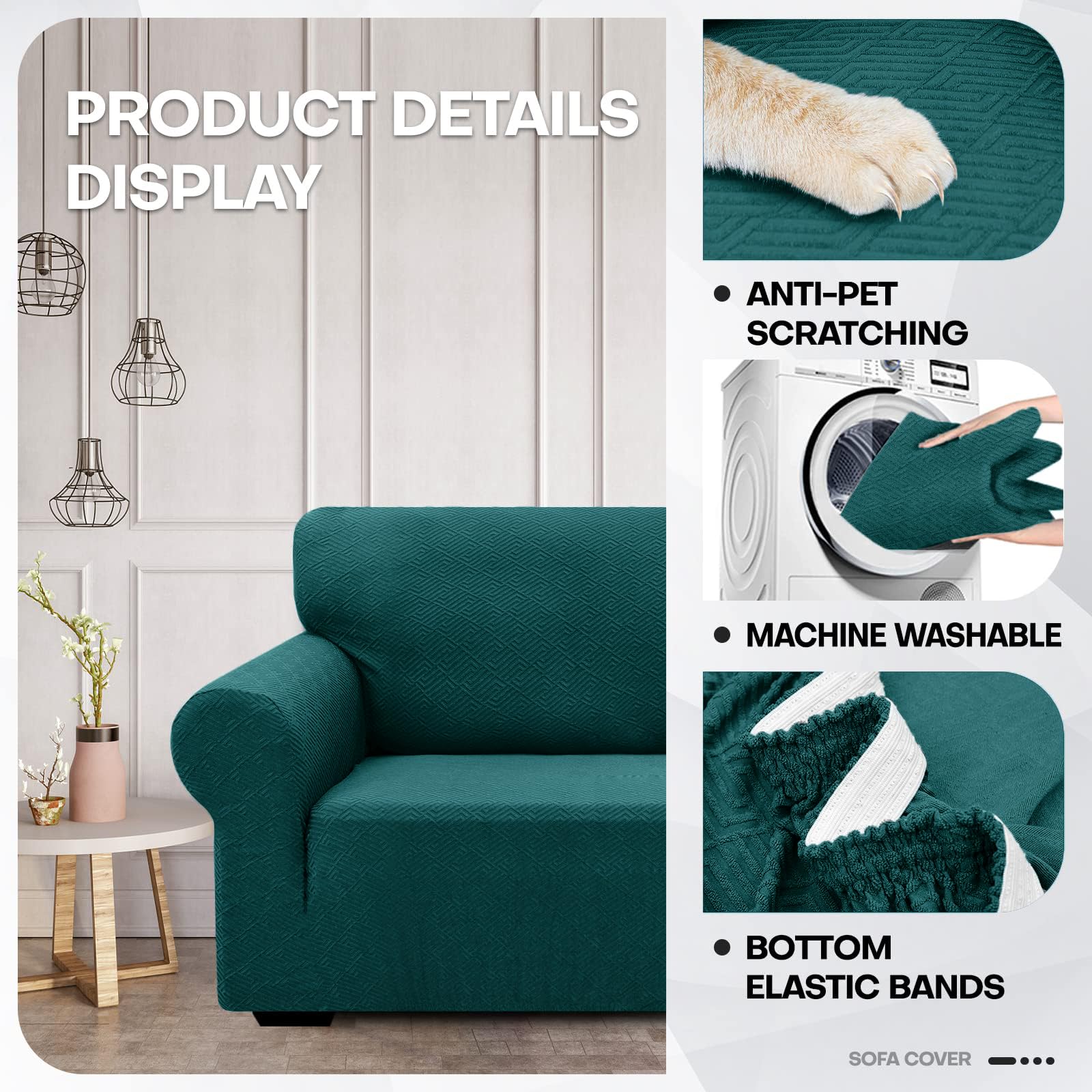 Znsayotx 1 Piece Jacquard Couch Covers For 3 Cushion Couch High Stretch Sofa Cover For Pets Dogs Anti Slip Extra Large Sofa Slipcovers Furniture Protector (X-Large, New Pattern Blackish Green)