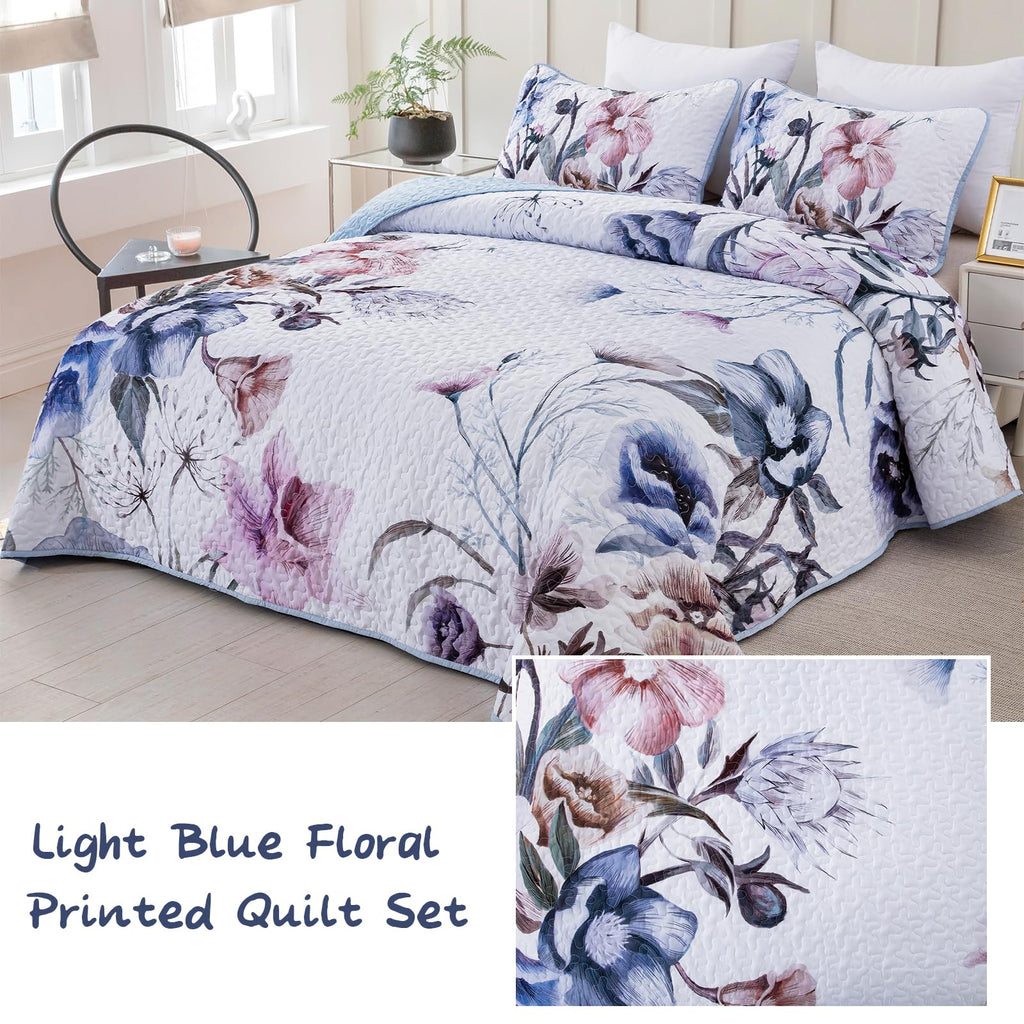 Floral Quilt Set Queen 3 Pieces Light Blue Floral Quilt Coverlet Set Soft Microfiber Lightweight Light Blue Quilted Bedspread Fo