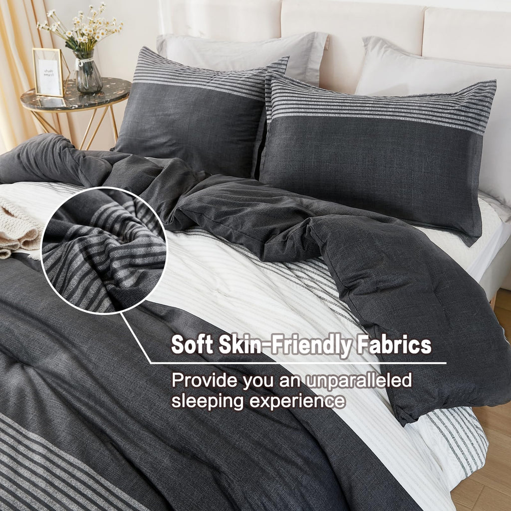 Litanika Queen Comforter Set Black White Grey - 3 Pieces Lightweight Summer Bedding Set, All Season Down Alternative Comforter (