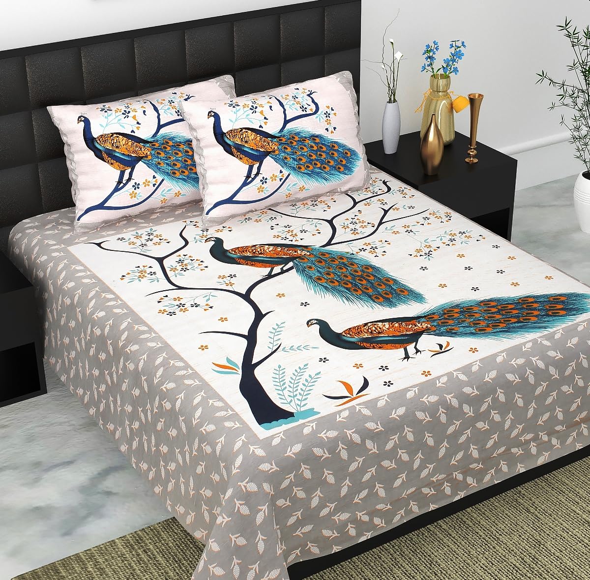 JAIPUR PRINTS 100% Cotton Rajasthani Jaipuri Pure Cotton King Size Double Bedsheet with 2 Pillow Covers  90x100_Multi57