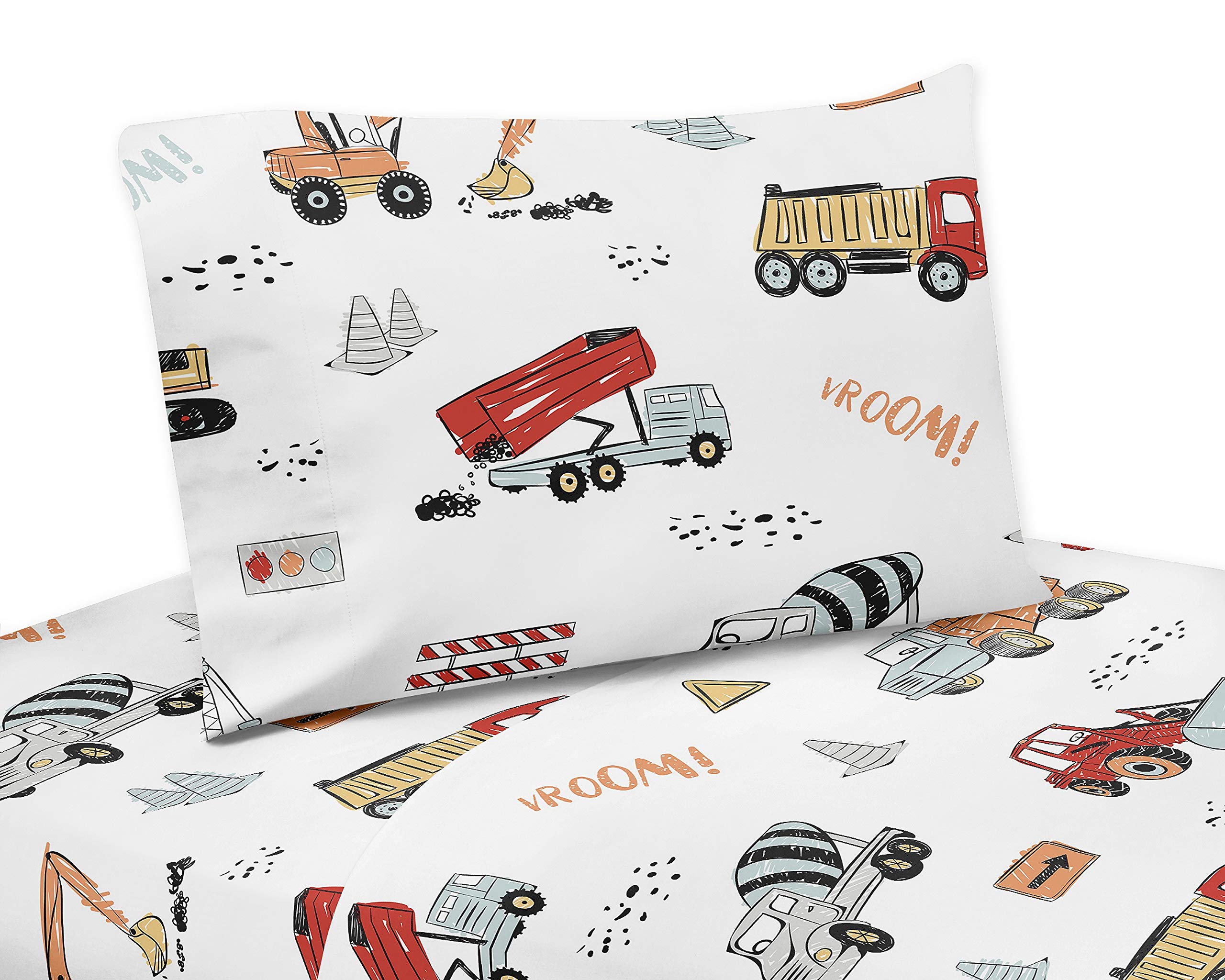 Sweet Jojo Designs Construction Truck Queen Sheet Set - 4 piece set - Grey Yellow Orange Red and Blue Transportation