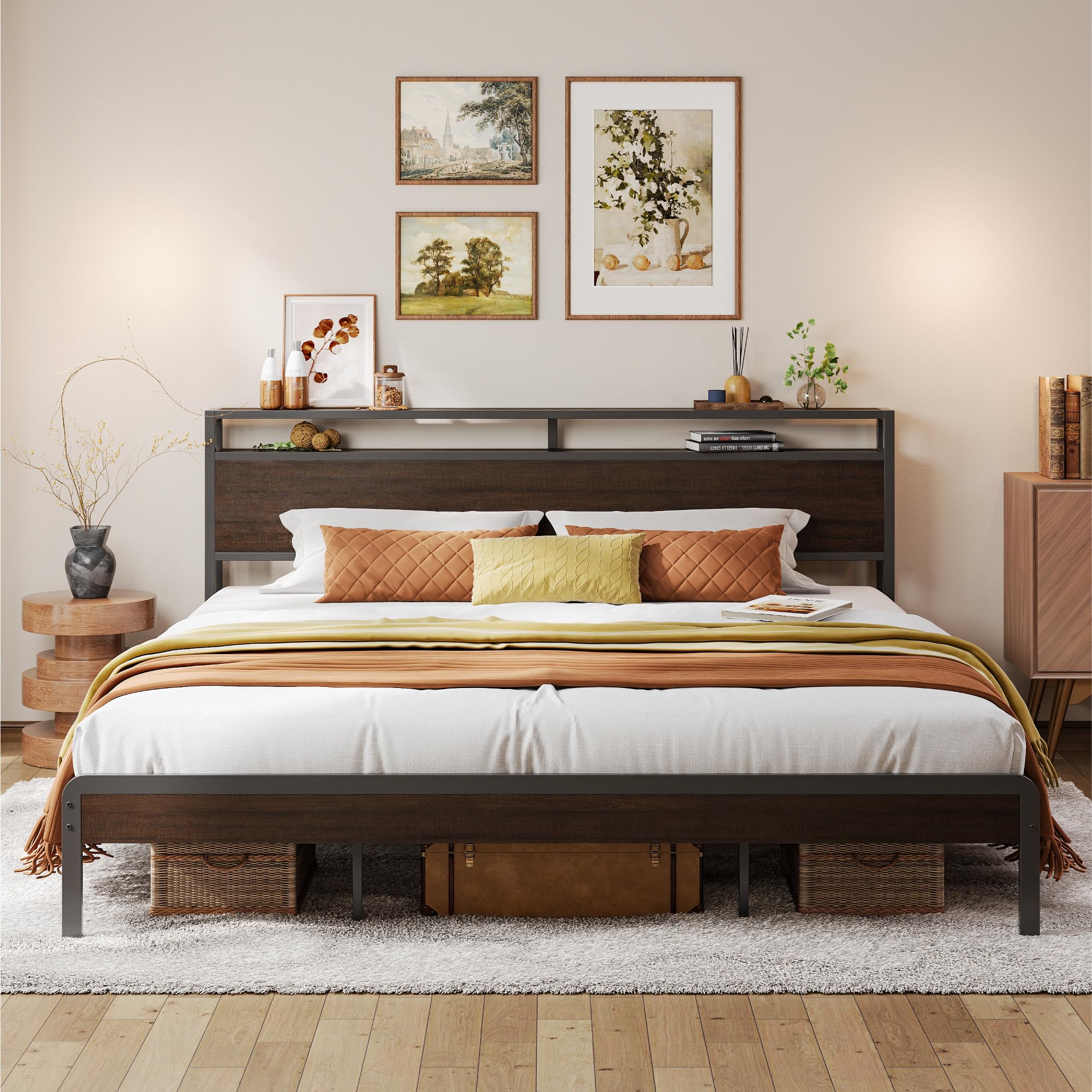 LIKIMIO King Bed Frame with Headboard, Dark Wood Camas King with Strong Supports, Sturdy, Noise-Free, No Box Spring Needed, Dark