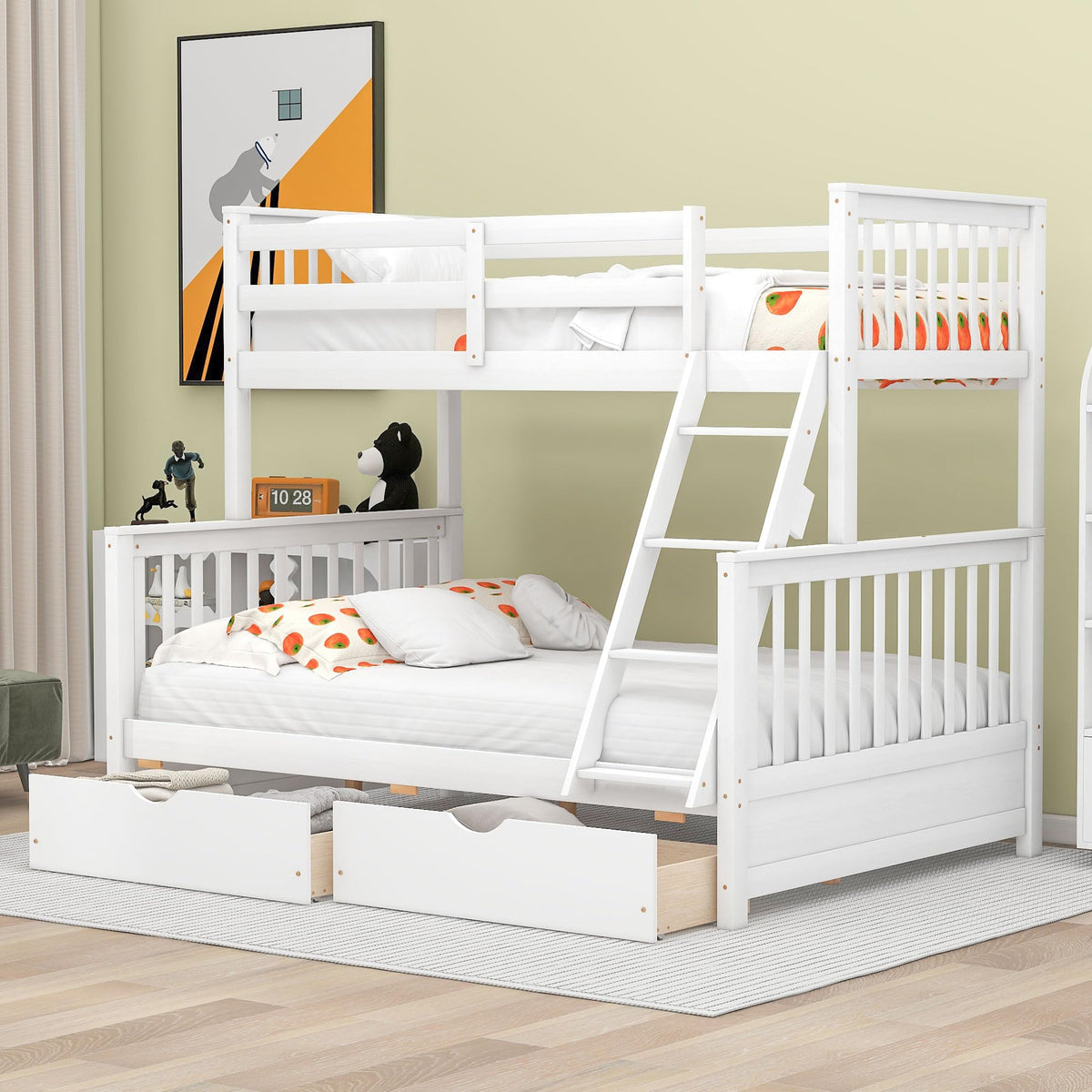 Merax Wood Bunk Bed With Drawers,Convertible Wood Bunk Bed With Ladders And Two Storage Drawers,Solid Wood Detachable Bunk Bed Frame With Ladders,Twin Over Full Size,White