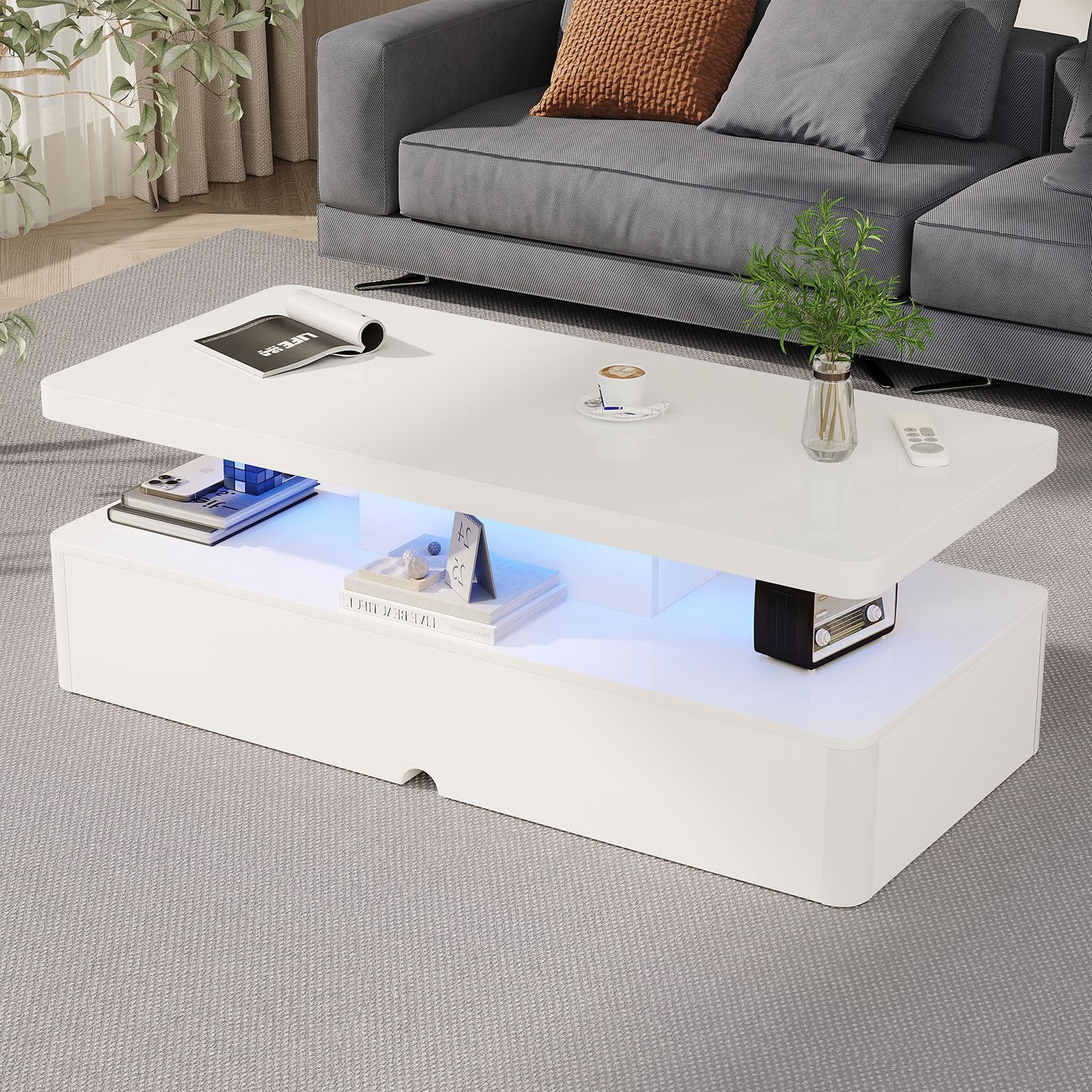 MXV Modern Coffee Table, 47 Inches Coffee Tables with 16 Colors LED Lights, 2 Tier Rectangular Center Table, Large Storage Space