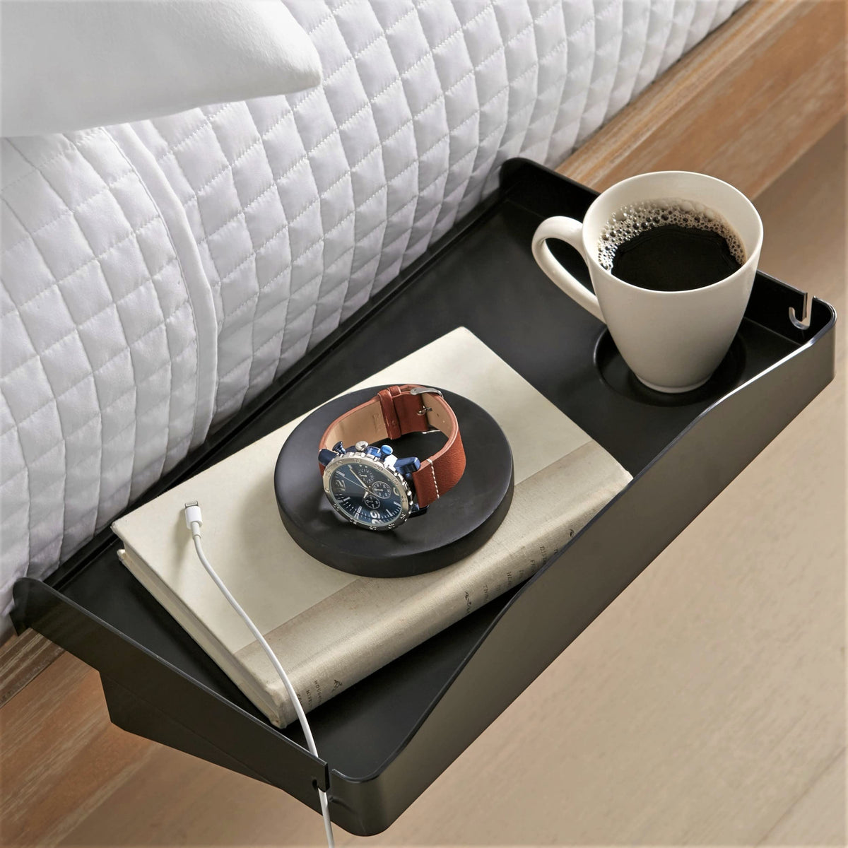 Modern Innovations Bedside Shelf For Bed, College Dorm Room, Top Bunk, Clip On Nightstand Tray With Cord And Cup Holder, Bunkbed Caddy For Table Storage (Black)