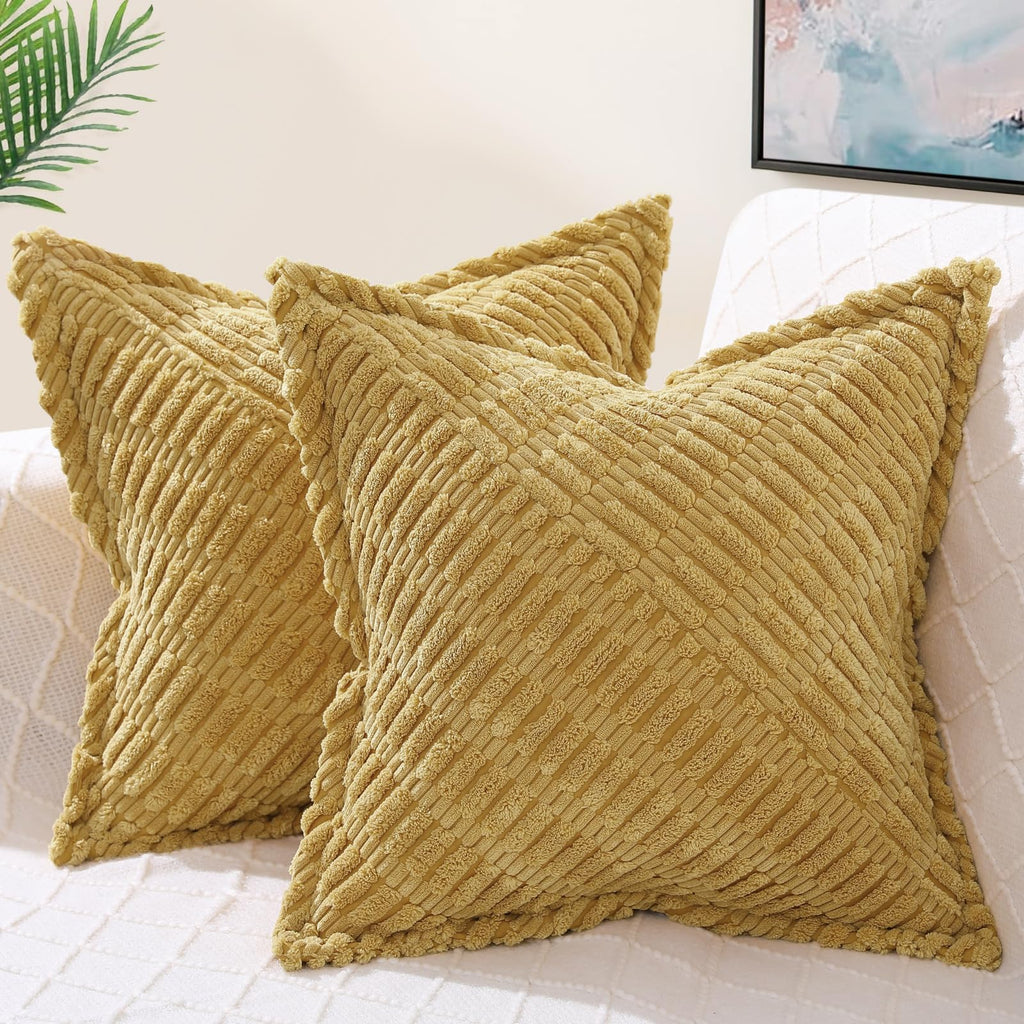 decorUhome Decorative Mustard Yellow Throw Pillow Covers 24x24 Set of 2 with Splicing, Boho Soft Corduroy Broadside Twill Pillow