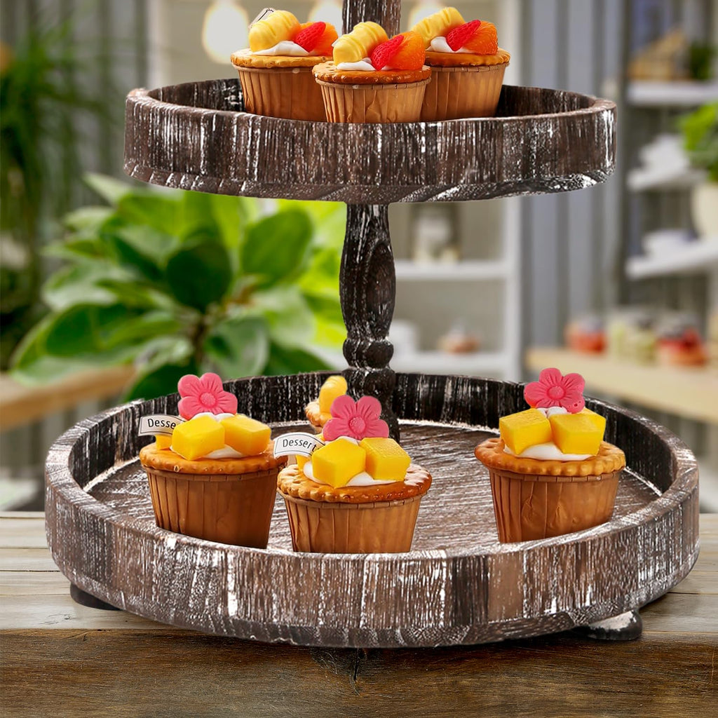 Aonehome Adjustable 3 Tiered Tray Stand With Farmhouse Decor, Brown Tiered Tray Decorative Trays - 3 Tier Cupcake Stand - 3 Tier