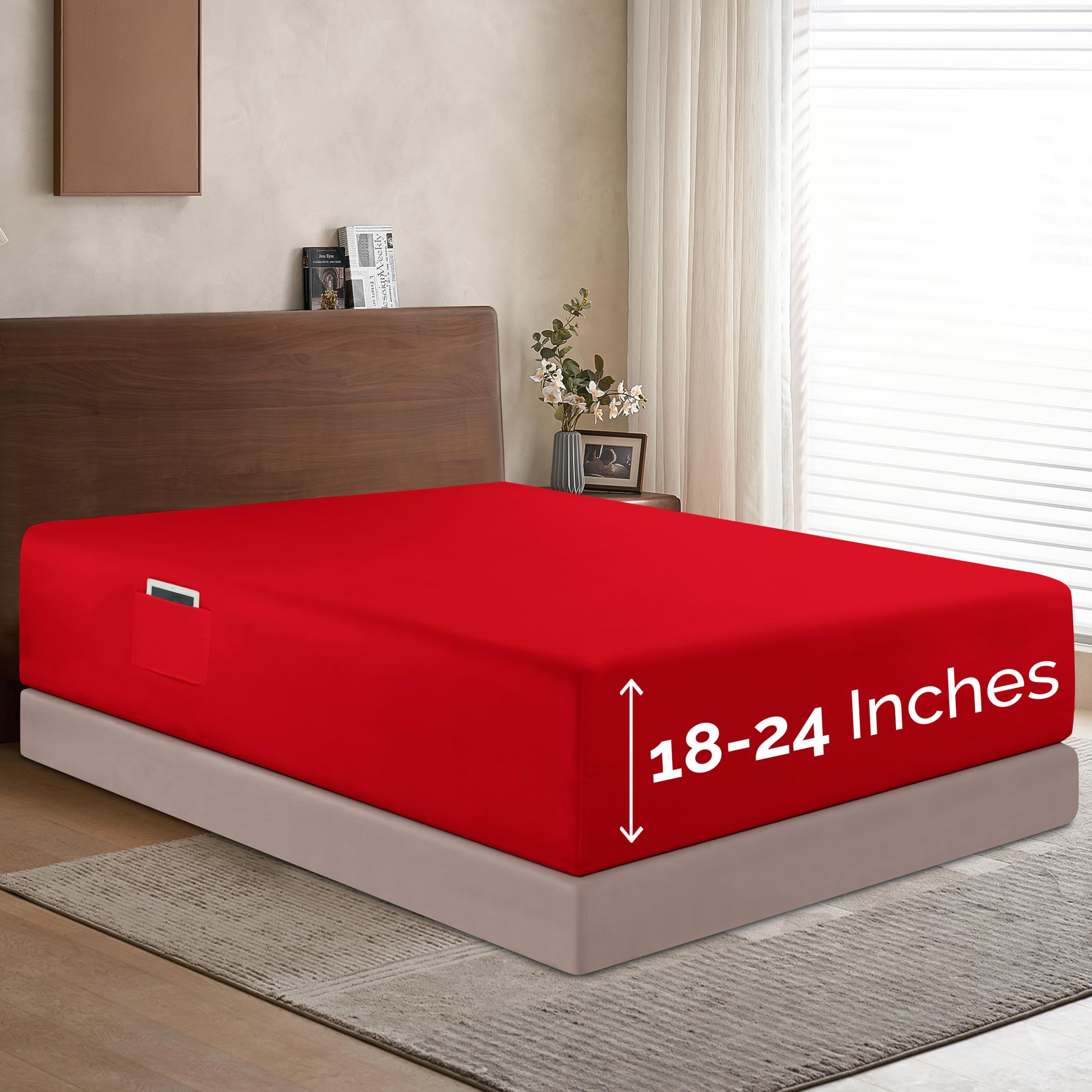 Elegant Comfort 1500 Premium Hotel Quality 18-24 Inches Deep - Extra Deep Pocket Single Fitted Sheet For High Mattress, Luxury And Softest, Smart Pocket - Wrinkle Free, California King, Red