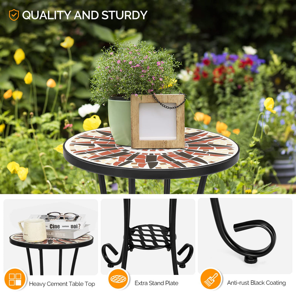 Vingli Mosaic Outdoor Side Table, 14' Round End Table, Accent Table, Ceramic Tile Top Black Iron,Brown Flower
